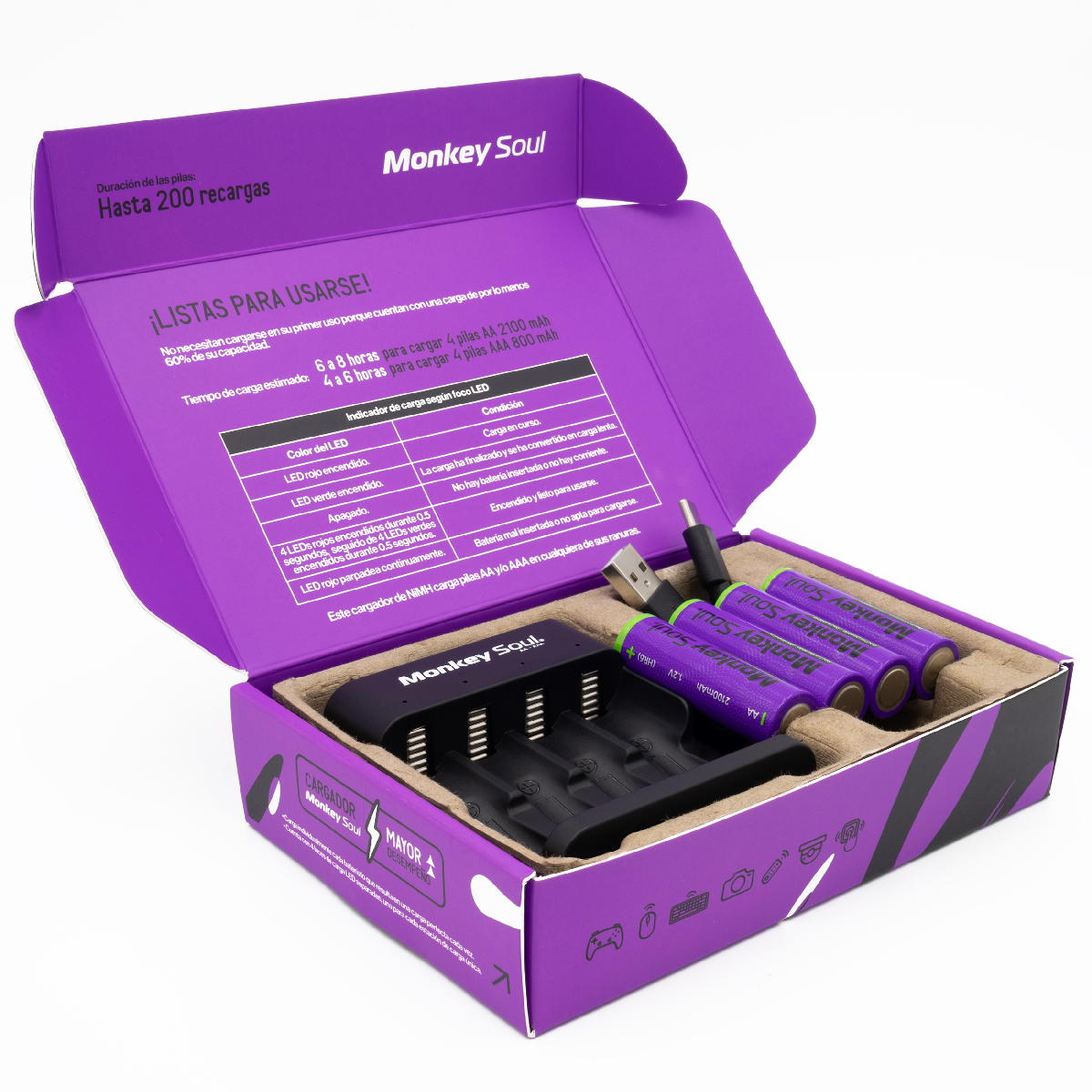 Foto 2 | Cargador Pilas Baterías + 4 Aa Recargables Monkey Soul Usb-c