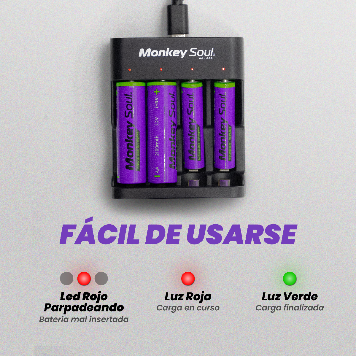 Foto 6 pulgar | Cargador Pilas Baterías + 4 Aa Recargables Monkey Soul Usb-c