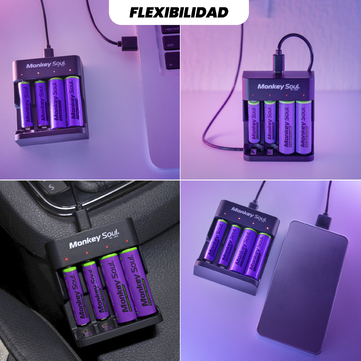 Foto 7 pulgar | Cargador Pilas Baterías + 4 Aa Recargables Monkey Soul Usb-c
