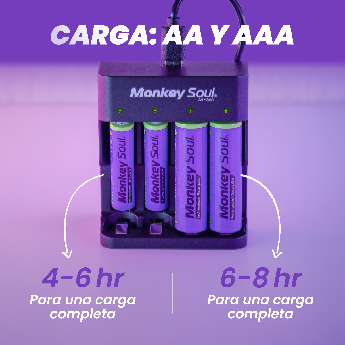 Foto 3 | Cargador Pilas Baterías  Monkey Soul 4 Aa + 4 Aaa Recargables