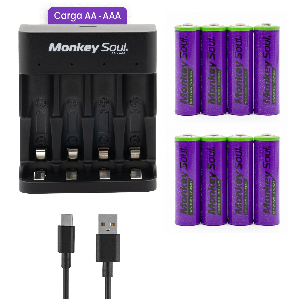 Foto 2 pulgar | Cargador Pilas Baterías + 8 Aa Recargables Monkey Soul Usb-c