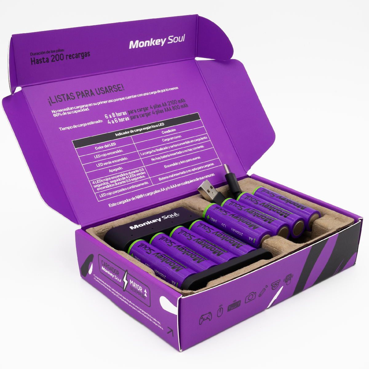 Foto 2 | Cargador Pilas Baterías + 8 Aa Recargables Monkey Soul Usb-c