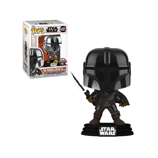 Foto 3 pulgar | Figura de Funko Pop Star Wars The Mandalorian Mando con Sable Oscuro Glow Metálico Exclusivo