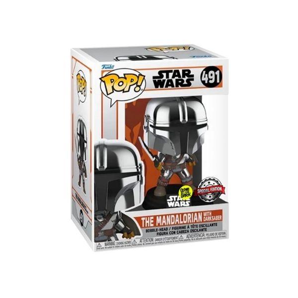 Foto 4 pulgar | Figura de Funko Pop Star Wars The Mandalorian Mando con Sable Oscuro Glow Metálico Exclusivo