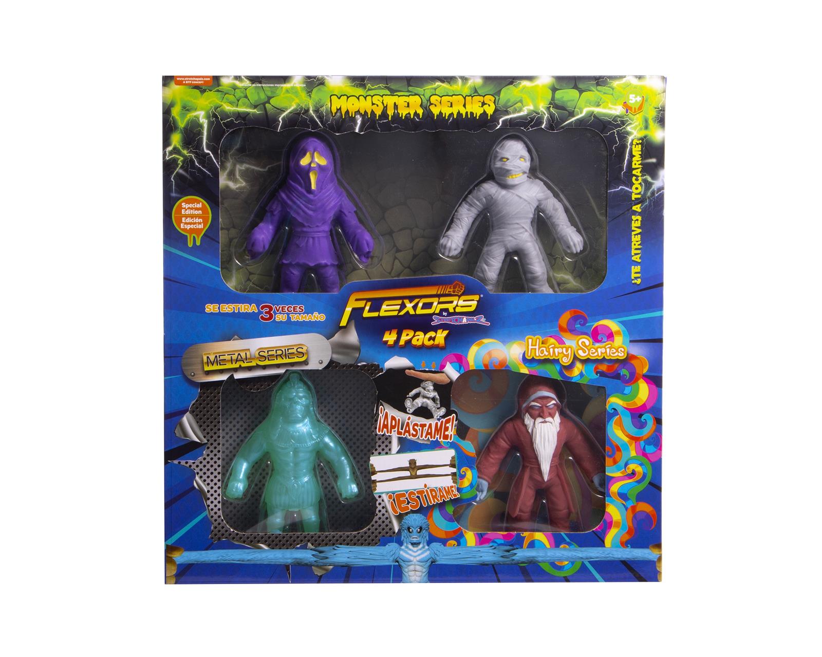 Set de 4 Figuras de Acción Moldeables y Estirables Flexors Monsters Hairy y Metal Series
