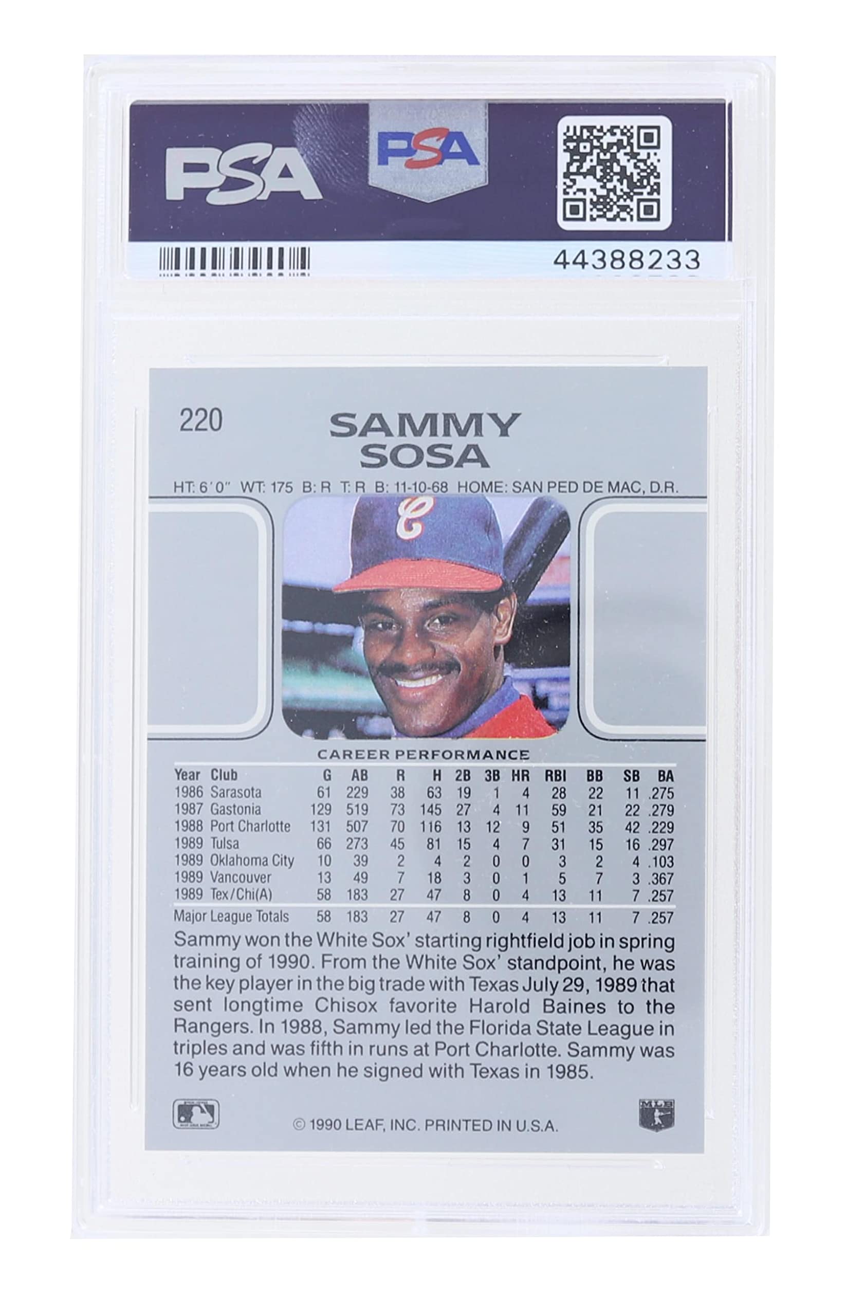 Foto 4 pulgar | Tarjeta Coleccionable Toynk Mlb 1990 Leaf #220 Sammy Sosa Rc Psa 10 - Venta Internacional.