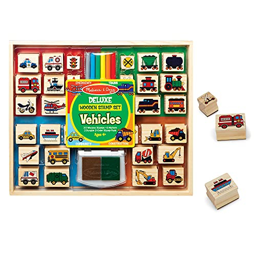 Foto 2 pulgar | Venta International - Melissa Y Doug Deluxe Wooden Stamp And Coloring Set - Vehículos (30 Sellos, 6 Marcadores, 2 Almoh