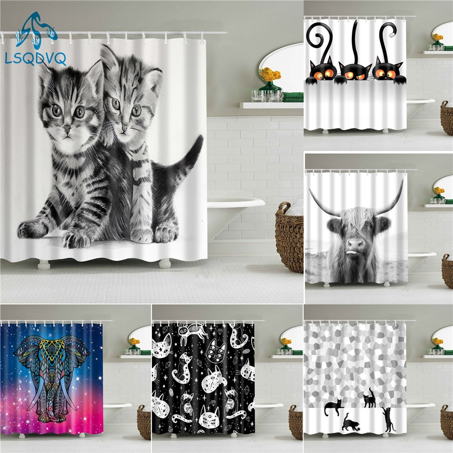Foto 3 | Cortinas De Baño Lsqdvq Con Dibujos Animados De Animales, Gatos, Elefantes Y Ciervos - Venta Internacional.