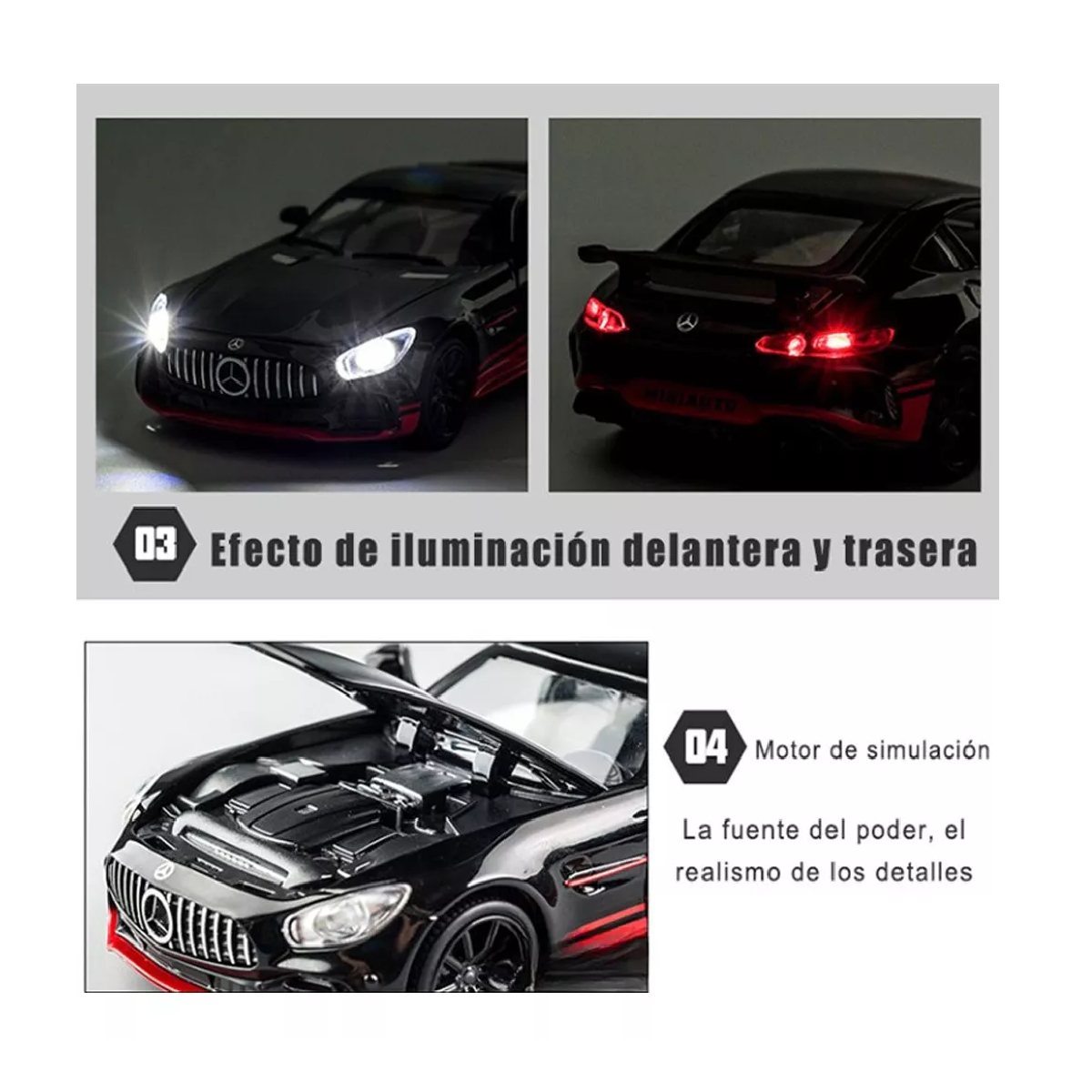 Foto 5 pulgar | Coche de Juguete De Metal Mercedes-benz Gtr con Faros 1:32 Negro Rojo