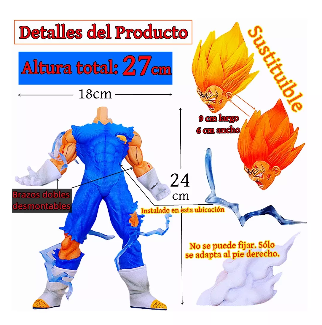Foto 6 pulgar | Figura Majin Vegeta Dragon Ball Z 27cm+ 2 Cabeza Y Brazalete Lab.g Azul