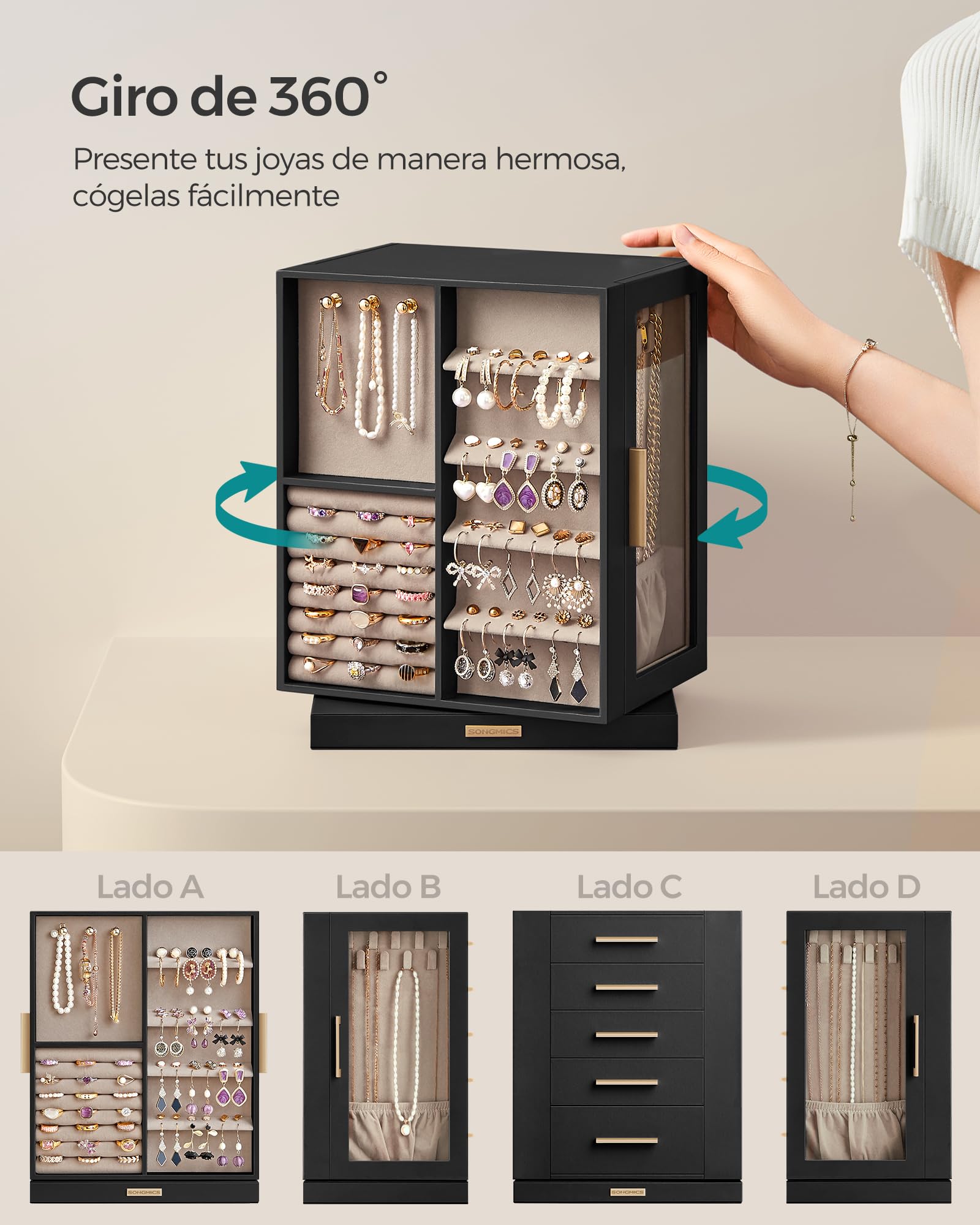 Foto 4 pulgar | Joyero Songmics Giratorio 360° Con 5 Cajones Negro Mjbc17