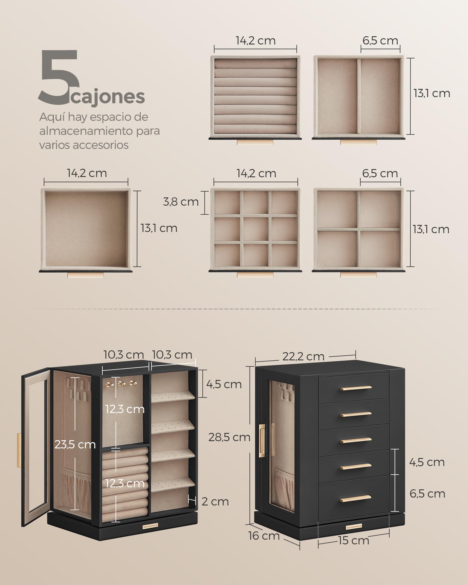 Foto 5 pulgar | Joyero Songmics Giratorio 360° Con 5 Cajones Negro Mjbc17
