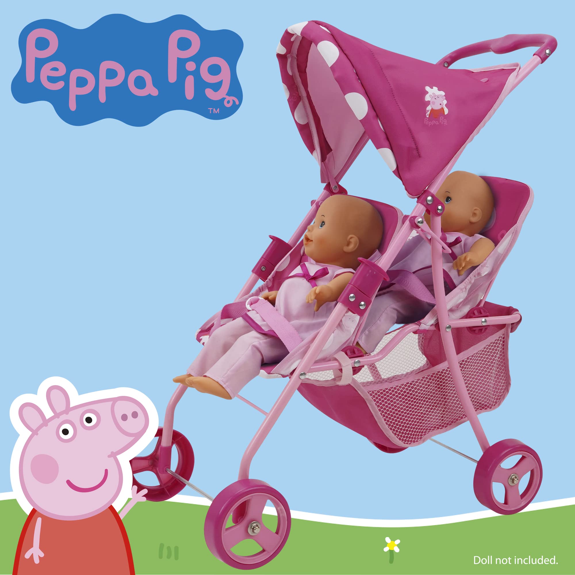 Foto 6 pulgar | Cochecito Doll Twin Peppa Pig Con Lunares Rosas Y Blancos Para Muñecas De Hasta 24 Años - Venta Internacional.