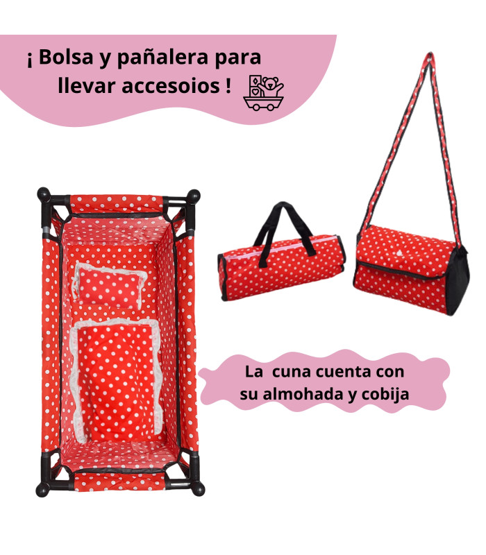 Foto 3 pulgar | Juego De Muñecas Con Accesorios Cuna Carriola Periquera Niña - Rojo