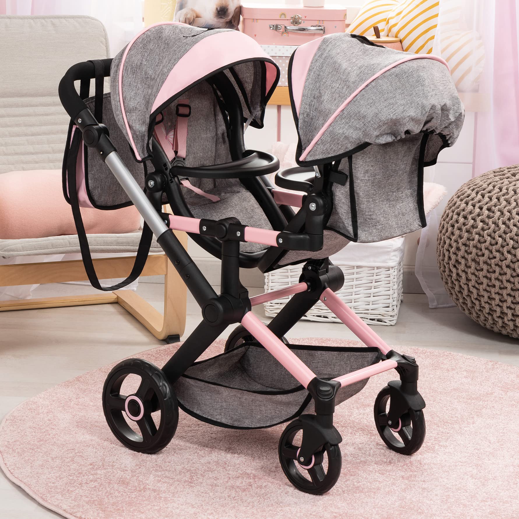 Foto 4 pulgar | Cochecito Para Muñecas Bayer Design Xeo Twin Butterfly Gris Y Rosa - Venta Internacional.