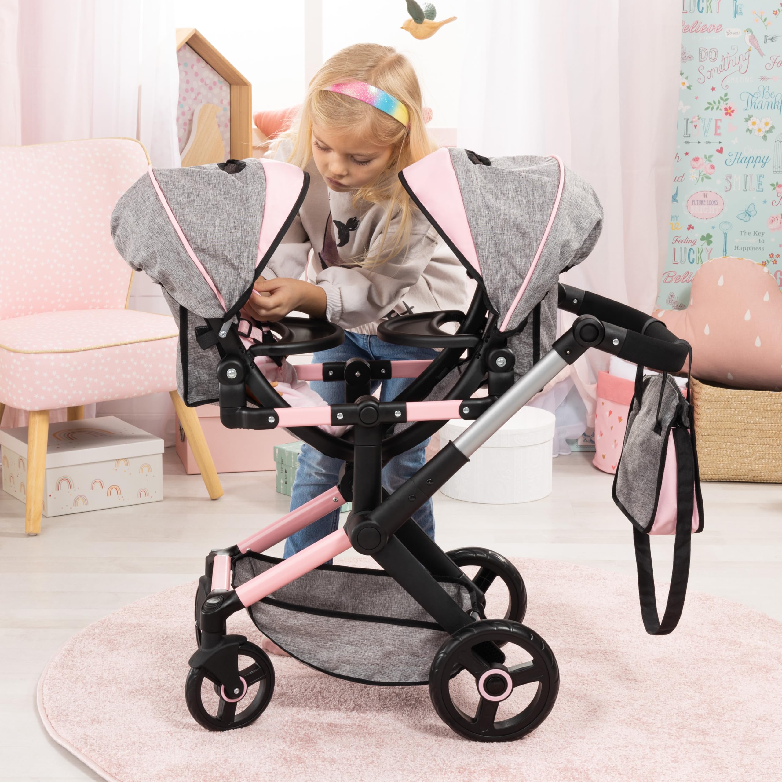 Foto 6 pulgar | Cochecito Para Muñecas Bayer Design Xeo Twin Butterfly Gris Y Rosa - Venta Internacional.
