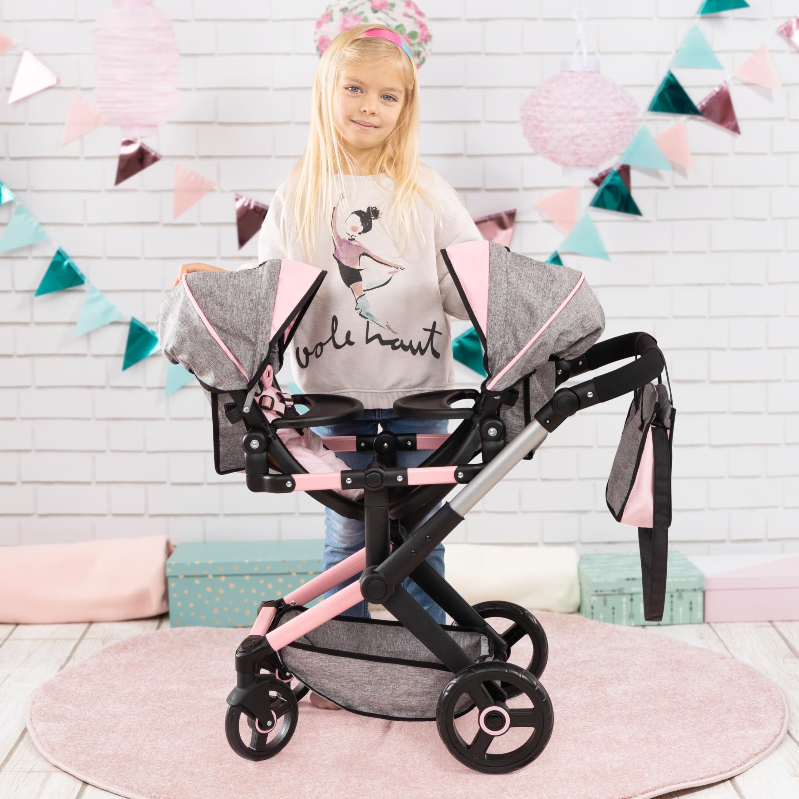 Foto 6 | Cochecito Para Muñecas Bayer Design Xeo Twin Butterfly Gris Y Rosa - Venta Internacional.