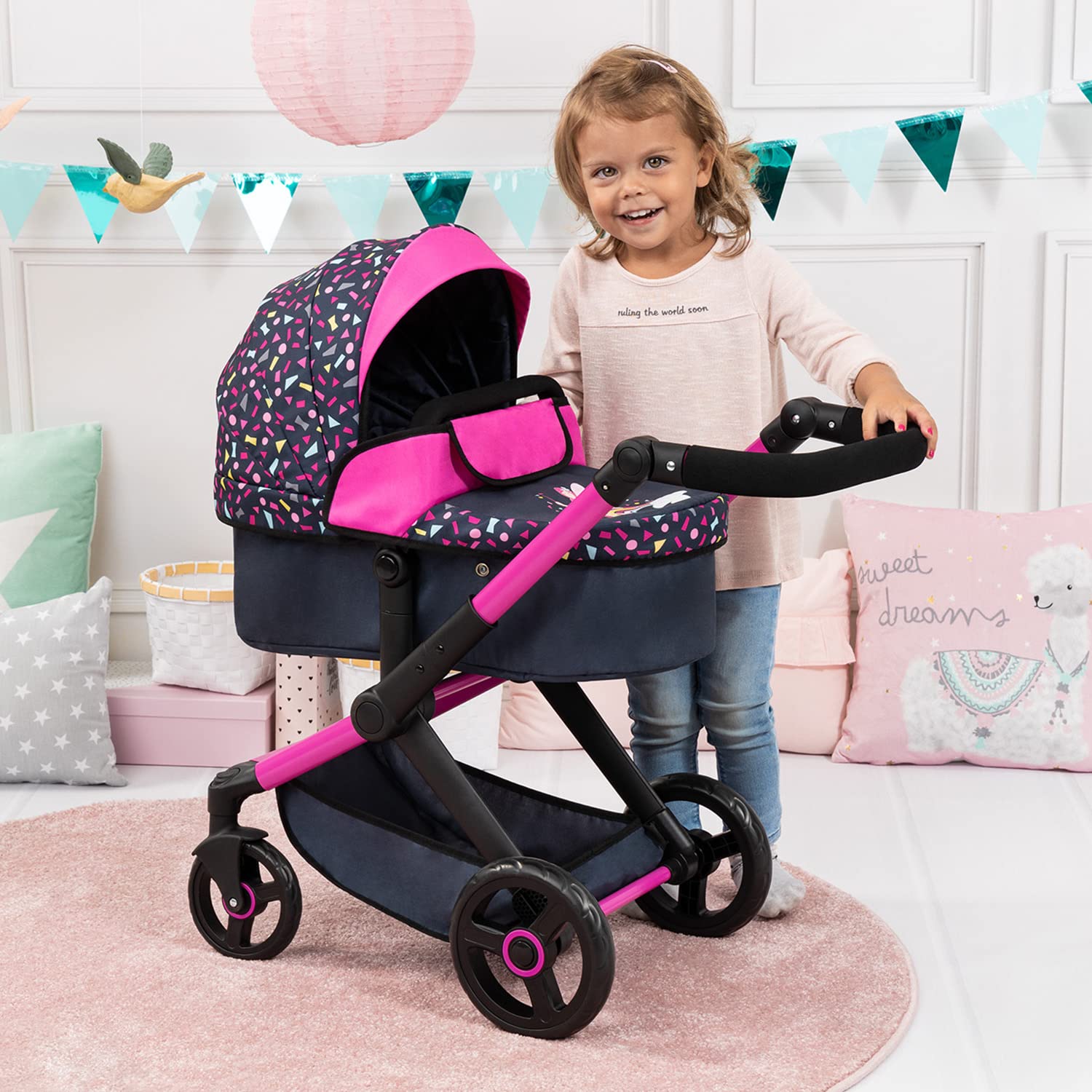 Foto 6 | Cochecito De Muñecas Bayer Design Xeo Shapes Azul Marino Y Rosa Para Muñecas De 52 Cm - Venta Internacional.