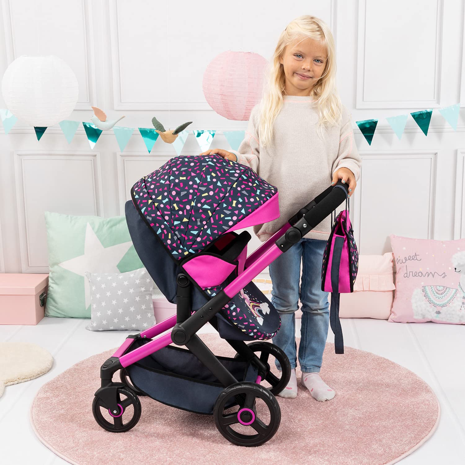 Foto 7 | Cochecito De Muñecas Bayer Design Xeo Shapes Azul Marino Y Rosa Para Muñecas De 52 Cm - Venta Internacional.