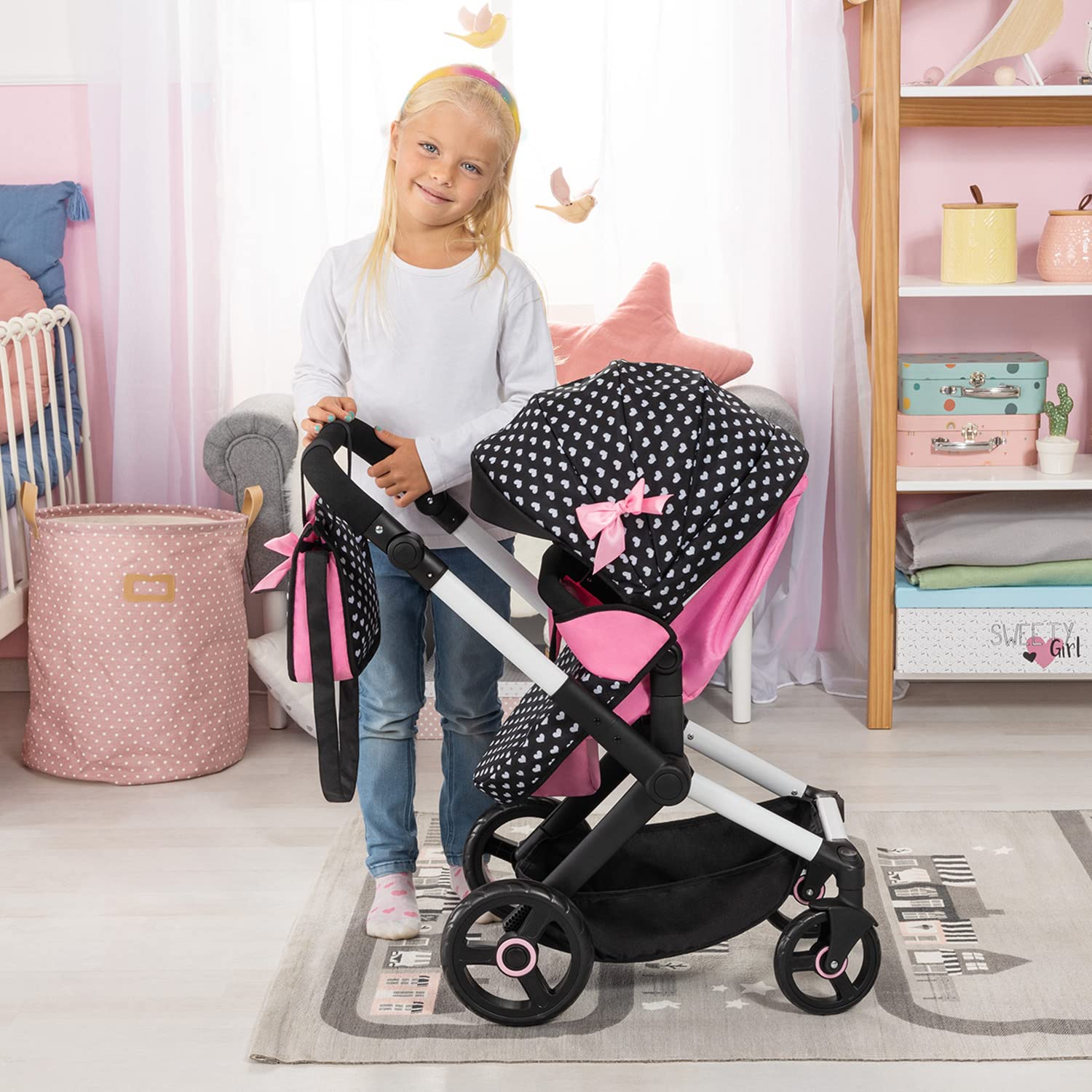 Foto 6 | Cochecito De Muñecas Bayer Design Xeo Hearts, Negro Y Rosa, 52 Cm, 3 O Más - Venta Internacional.