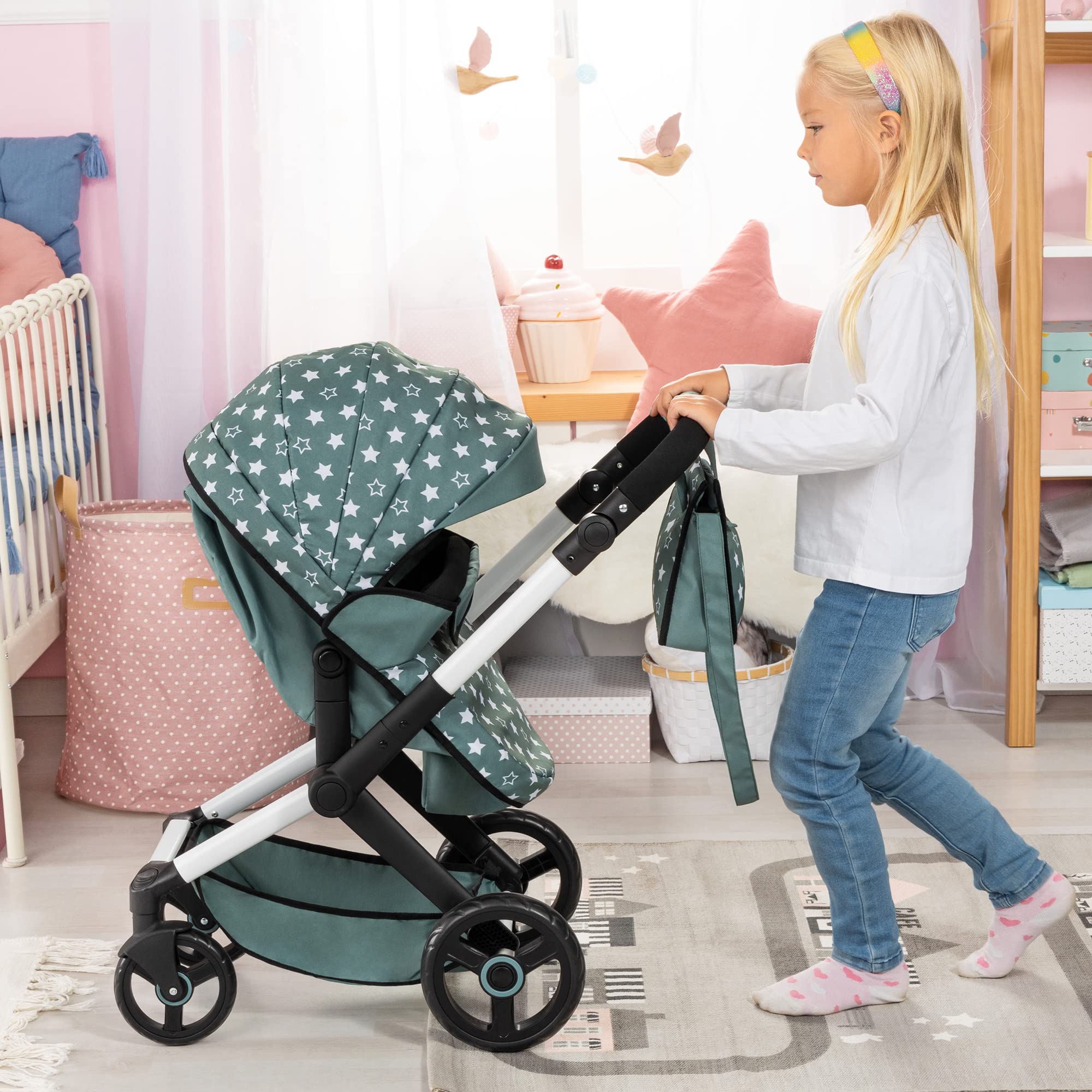 Foto 6 pulgar | Dolls Pram Bayer Design Xeo Stars Verde Y Blanco Con Bolso - Venta Internacional.