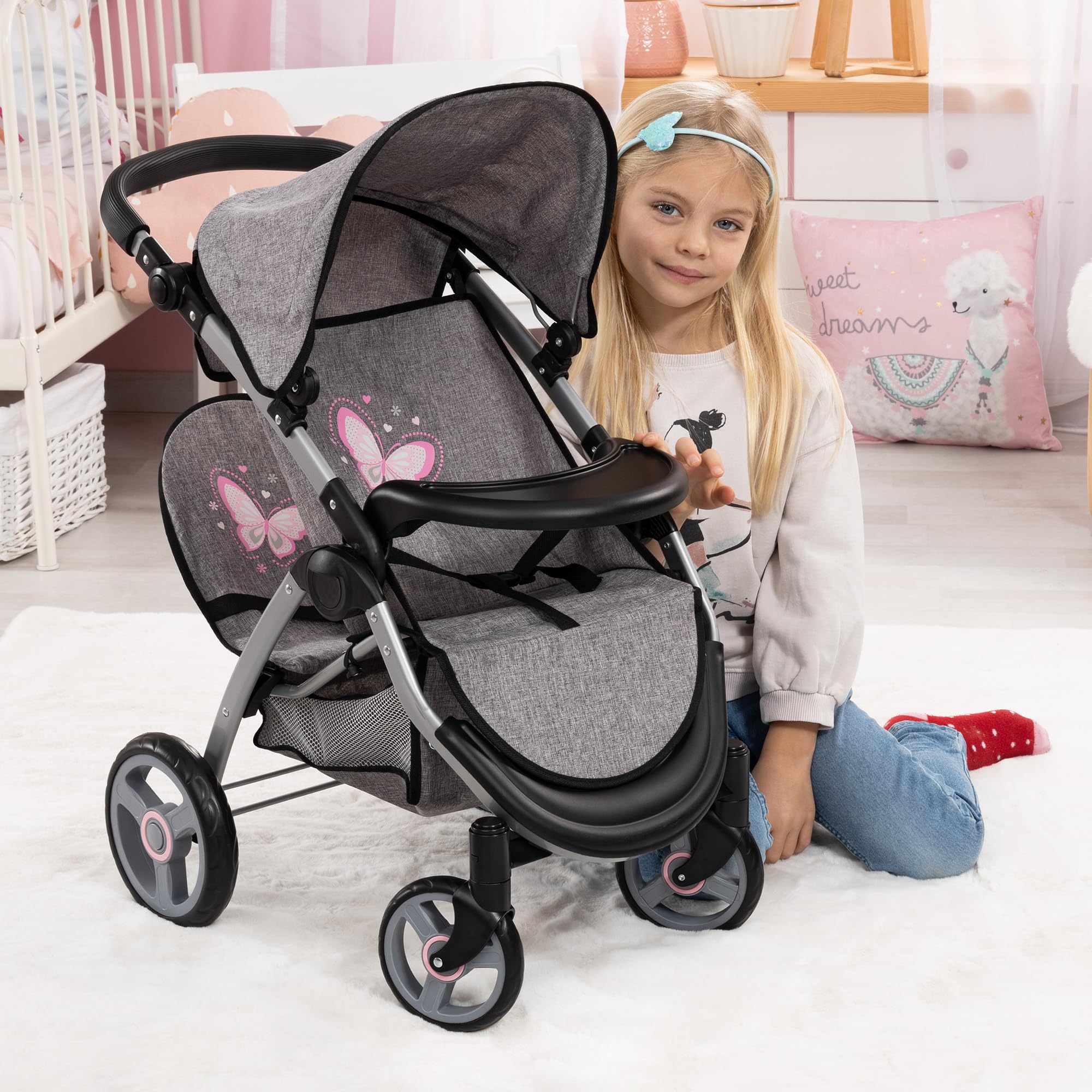 Foto 6 pulgar | Cochecito De Muñecas Bayer Design Twin Star Gris/rosa Para 2 Muñecas - Venta Internacional.