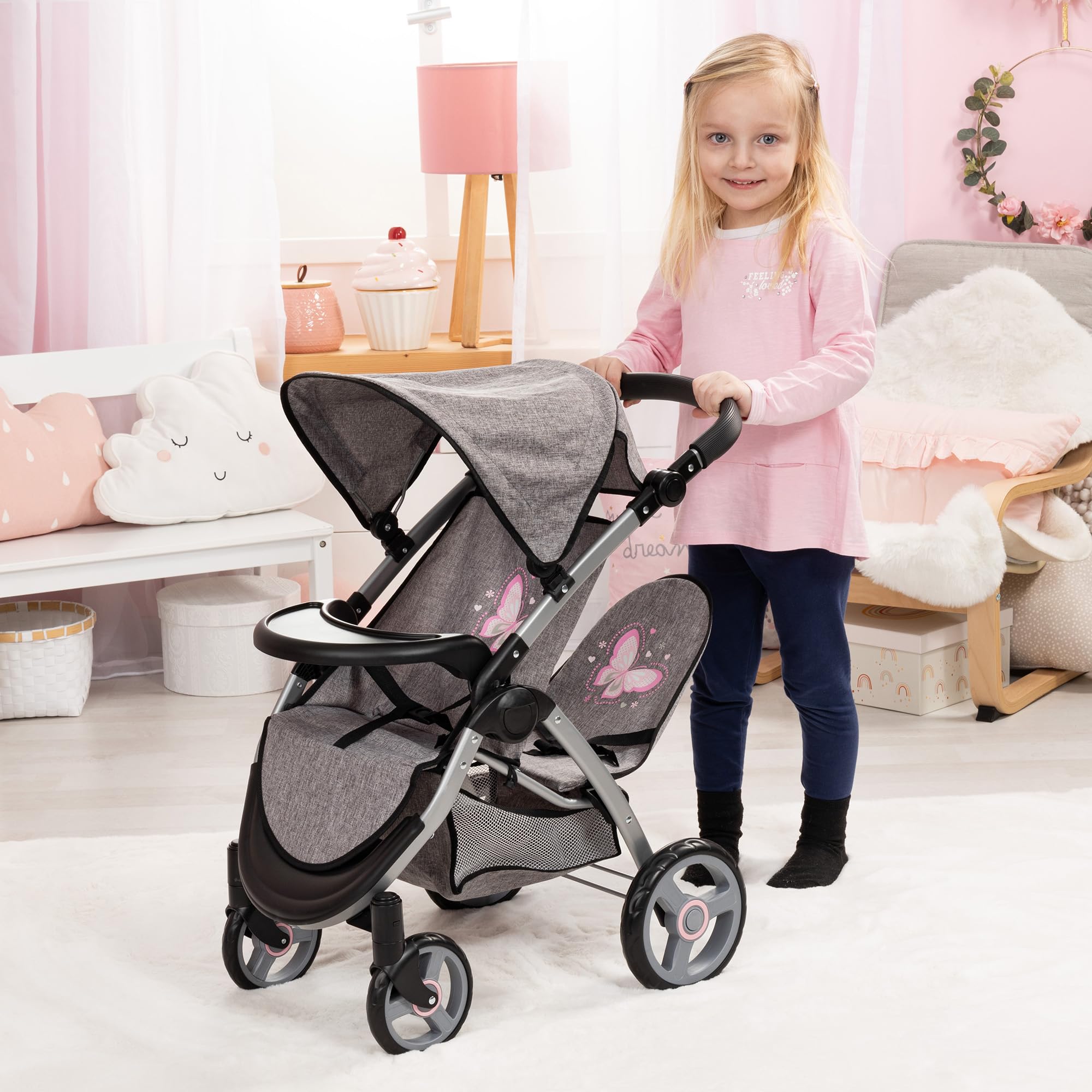 Foto 7 pulgar | Cochecito De Muñecas Bayer Design Twin Star Gris/rosa Para 2 Muñecas - Venta Internacional.