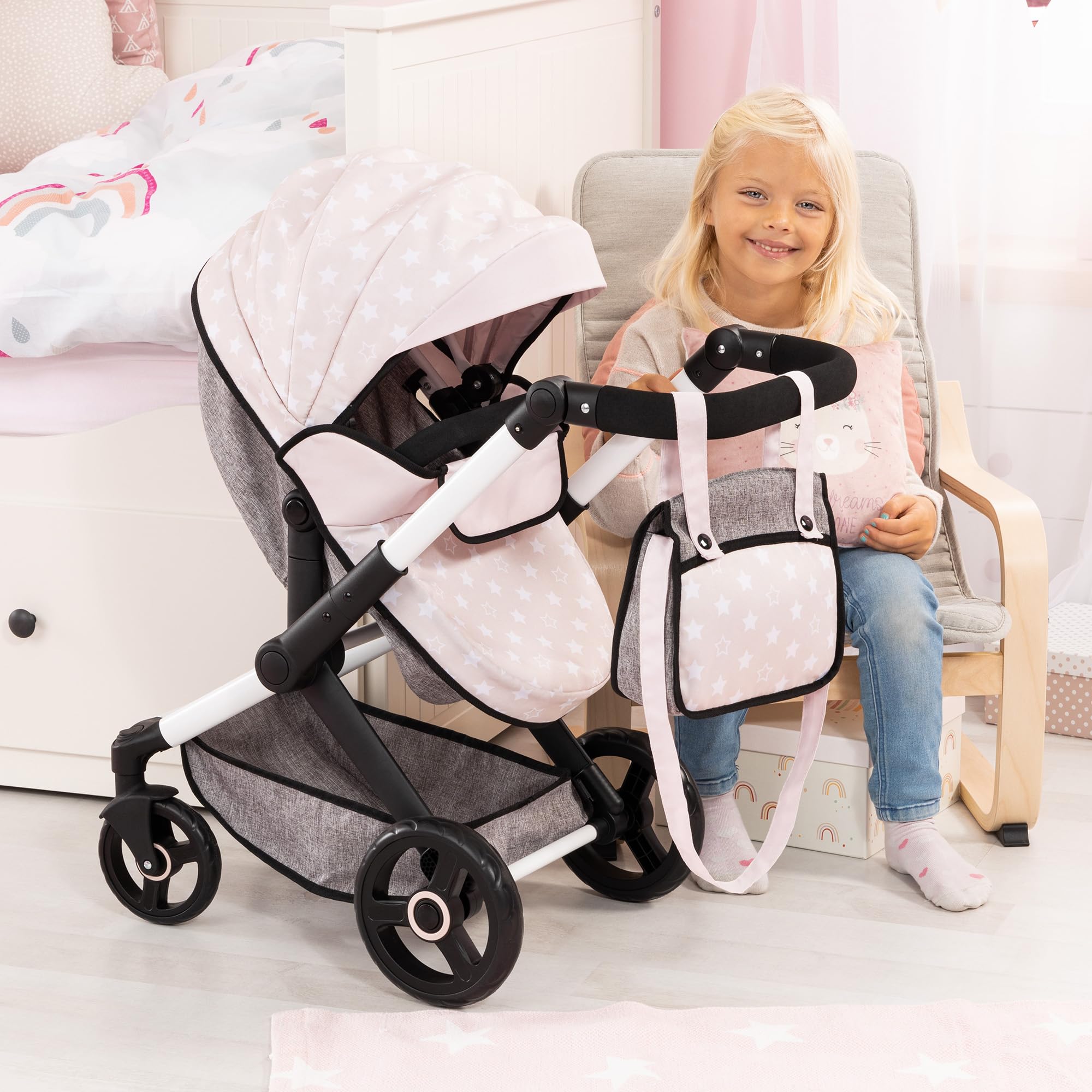 Foto 6 | Cochecito De Muñecas Bayer Design Xeo Con Estrellas Grises Y Blancas Para Muñecas De 18 Pulgadas - Venta Internacional.