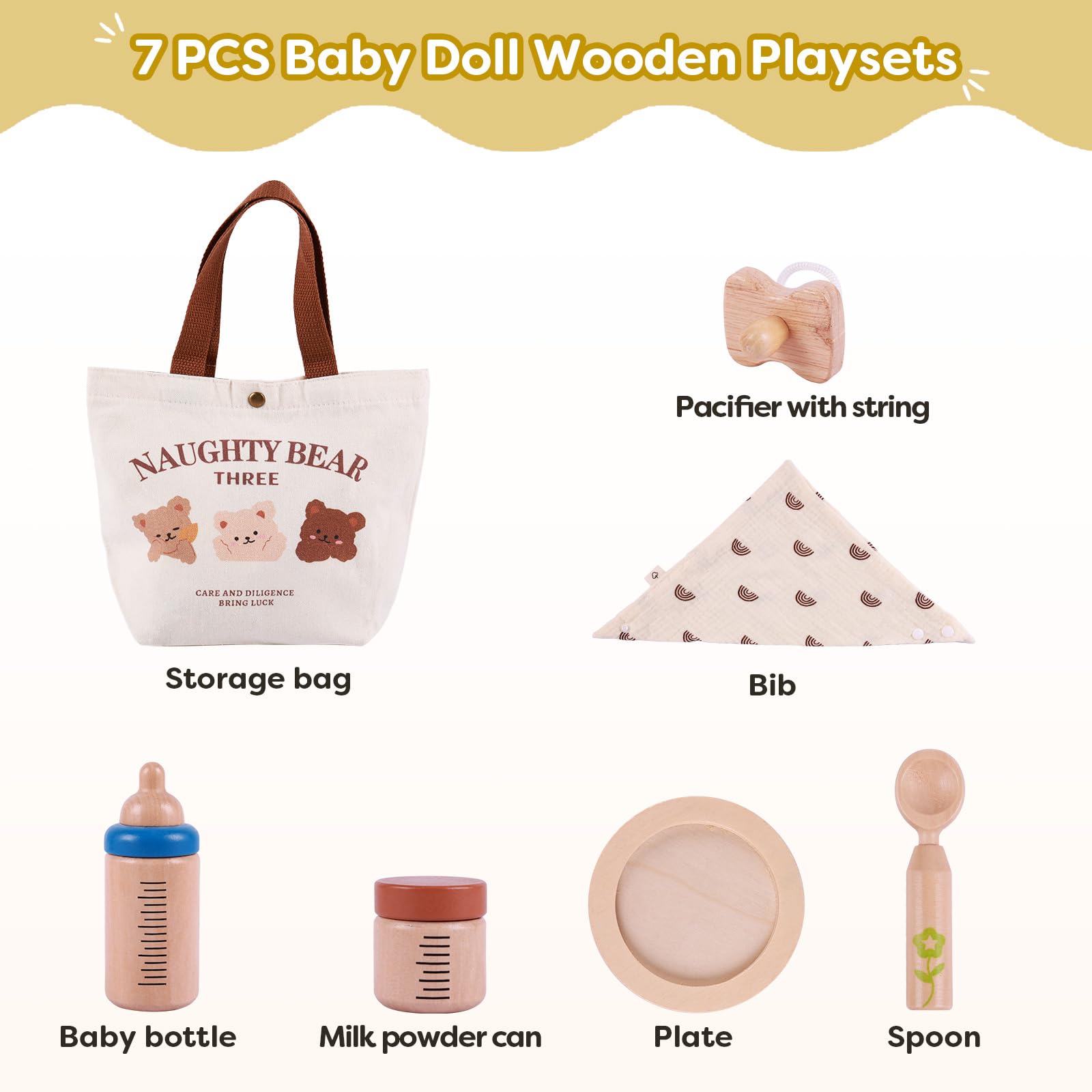 Foto 2 | Set de Juego de Madera Baby Doll Babeside Reborn 7 Piezas - Venta Internacional