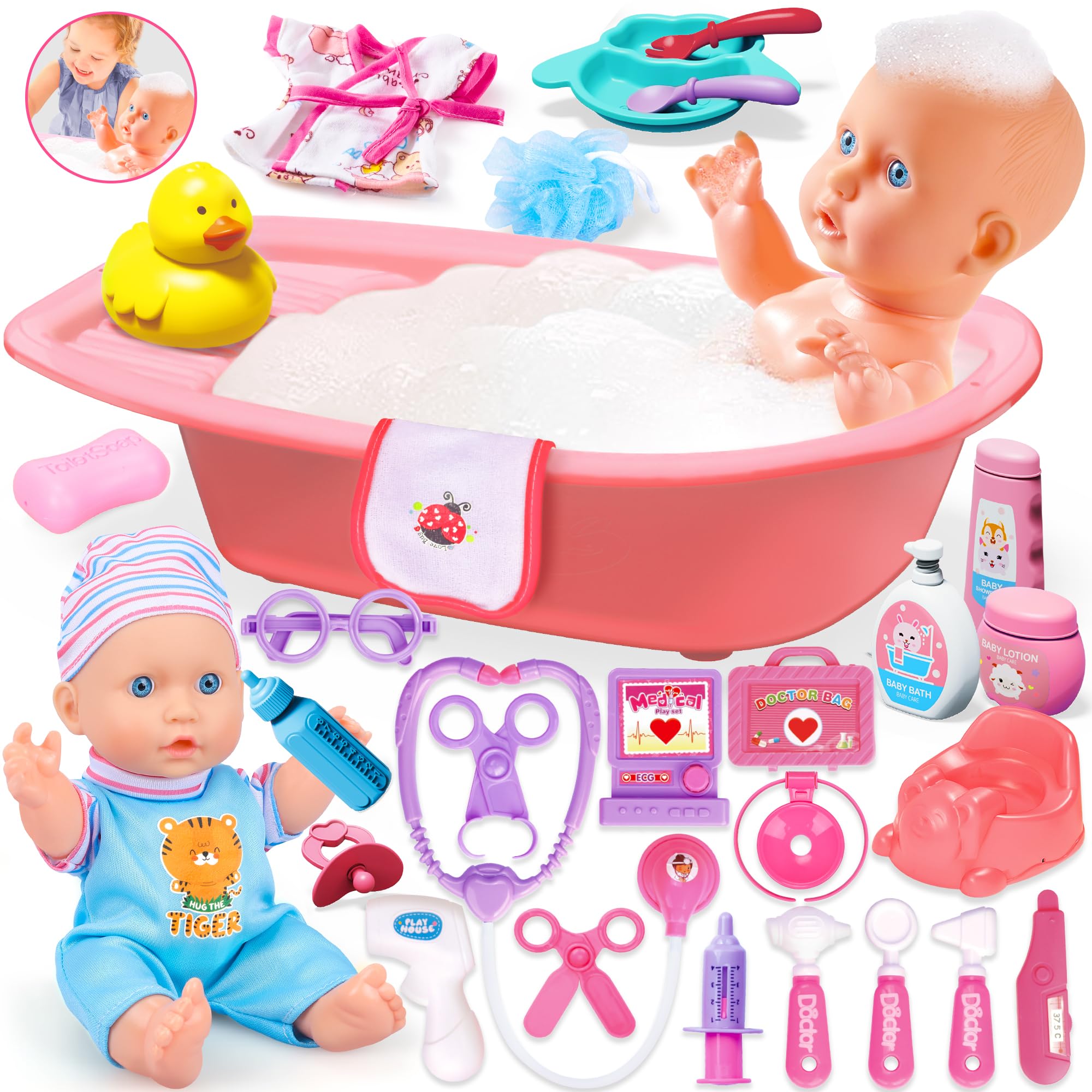 Foto 2 pulgar | Muñeco Bebé Proou con Set de Baño y Kit Médico 30 Piezas - Venta Internacional