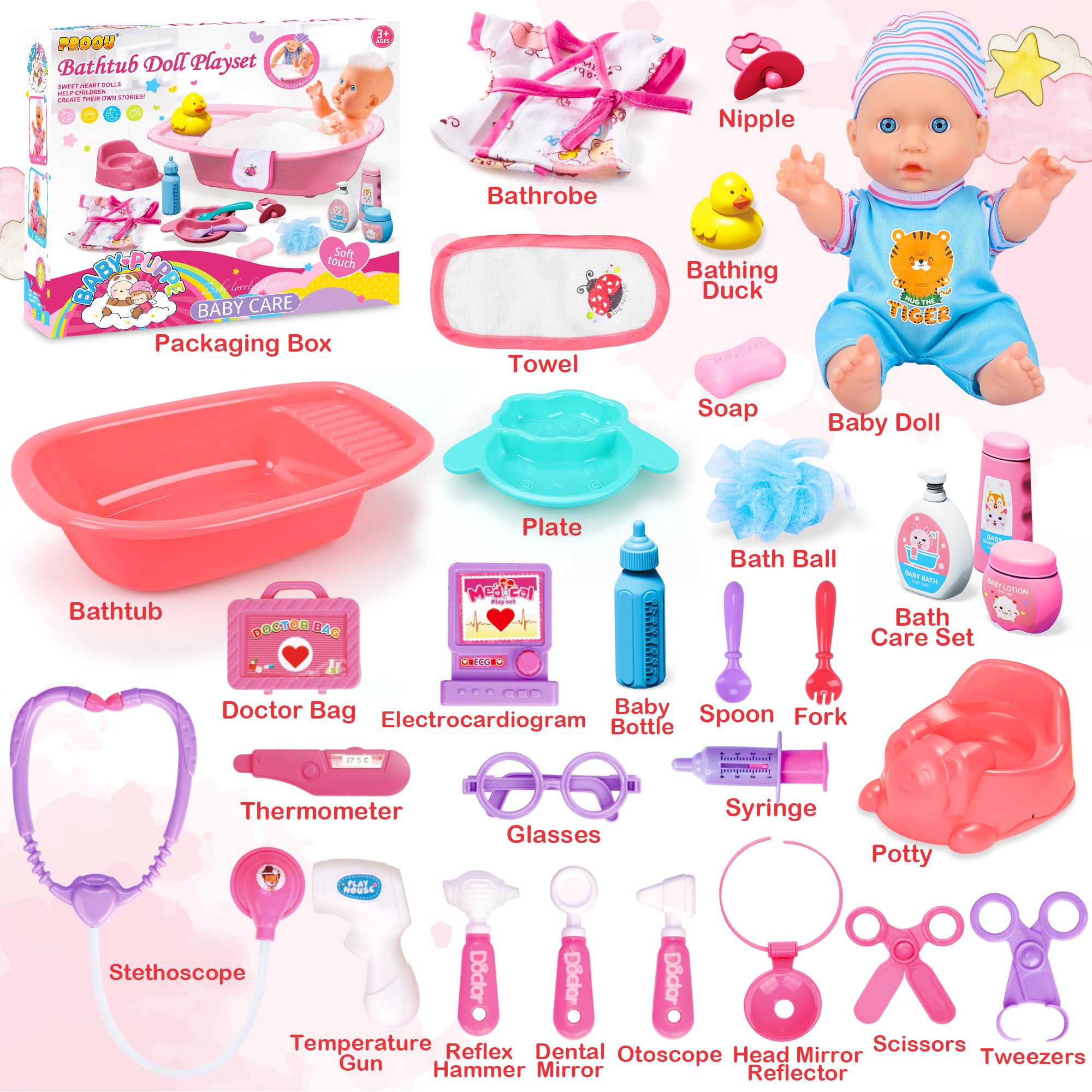 Foto 3 pulgar | Muñeco Bebé Proou con Set de Baño y Kit Médico 30 Piezas - Venta Internacional