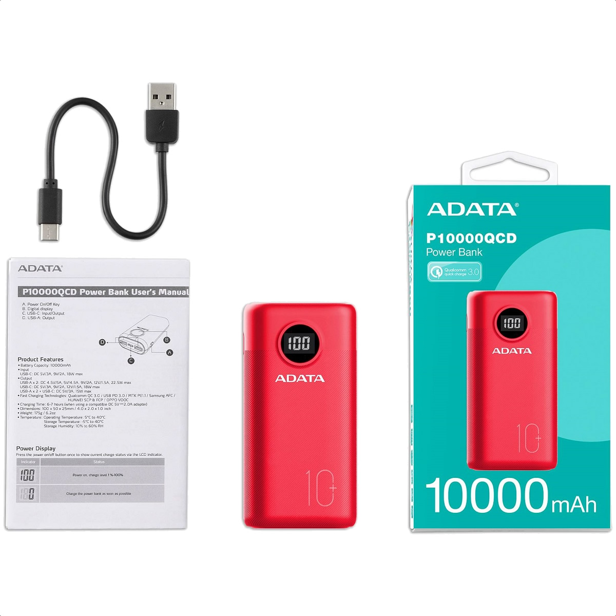 Foto 6 | Batería Externa ADATA P10000QCD 10000mAh Roja USB Power Bank