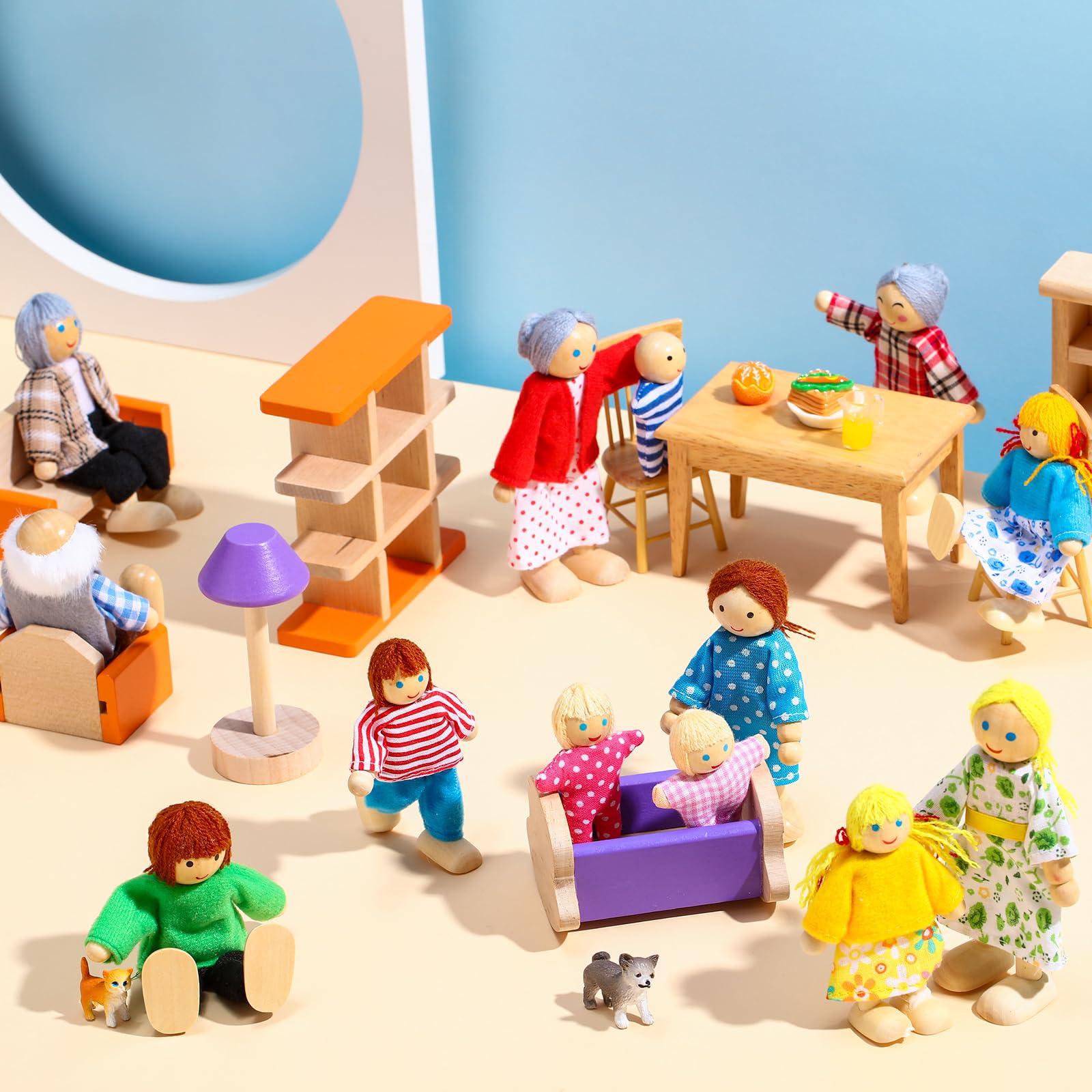 Foto 5 pulgar | Juego Familiar De Casas De Muñecas De Madera Skylety Con 16 Minipersonas Y 4 Mascotas - Venta Internacional.