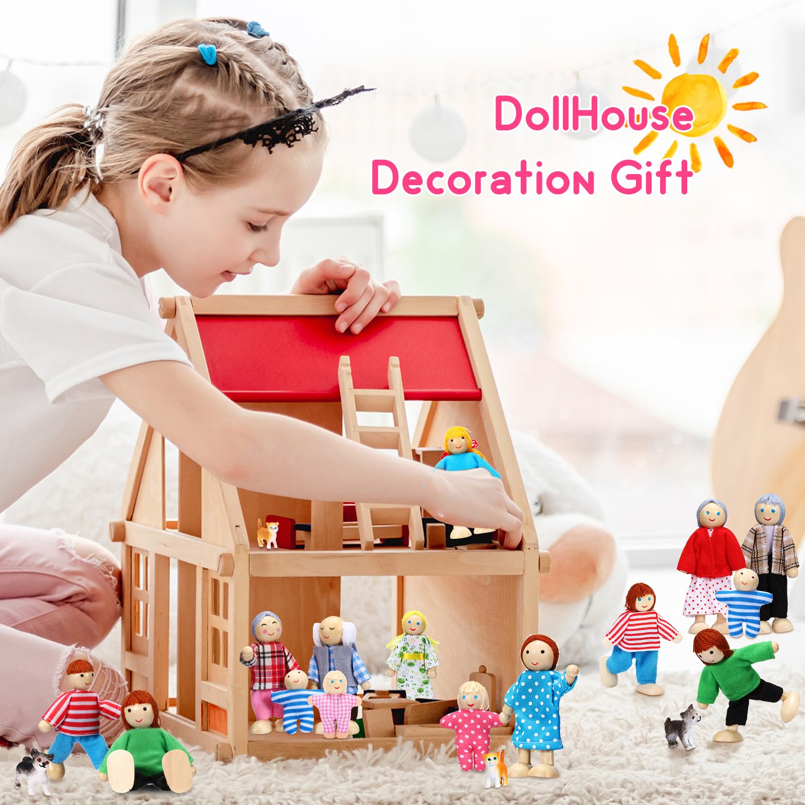 Foto 5 | Juego Familiar De Casas De Muñecas De Madera Skylety Con 16 Minipersonas Y 4 Mascotas - Venta Internacional.