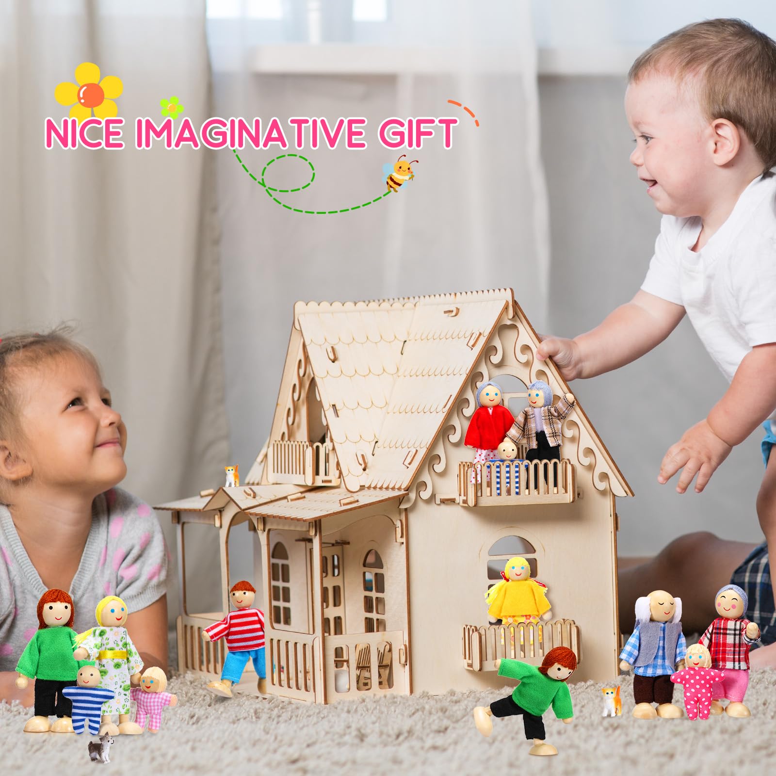 Foto 7 pulgar | Juego Familiar De Casas De Muñecas De Madera Skylety Con 16 Minipersonas Y 4 Mascotas - Venta Internacional.