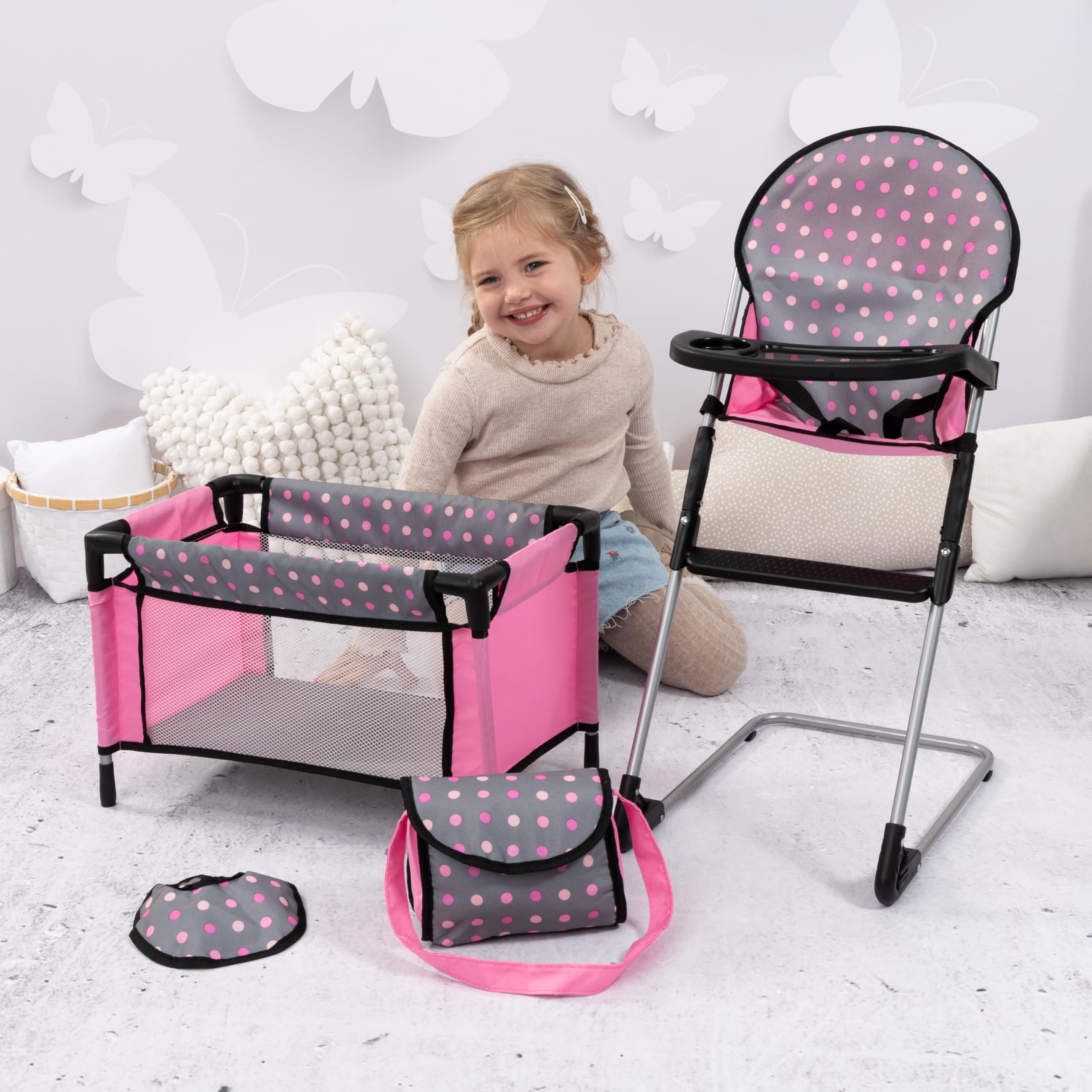 Foto 5 pulgar | Juego De Trona Y Cuna Para Muñecas Bayer, Gris Y Rosa Con Puntos Para Muñecas De 18 Años - Venta Internacional.
