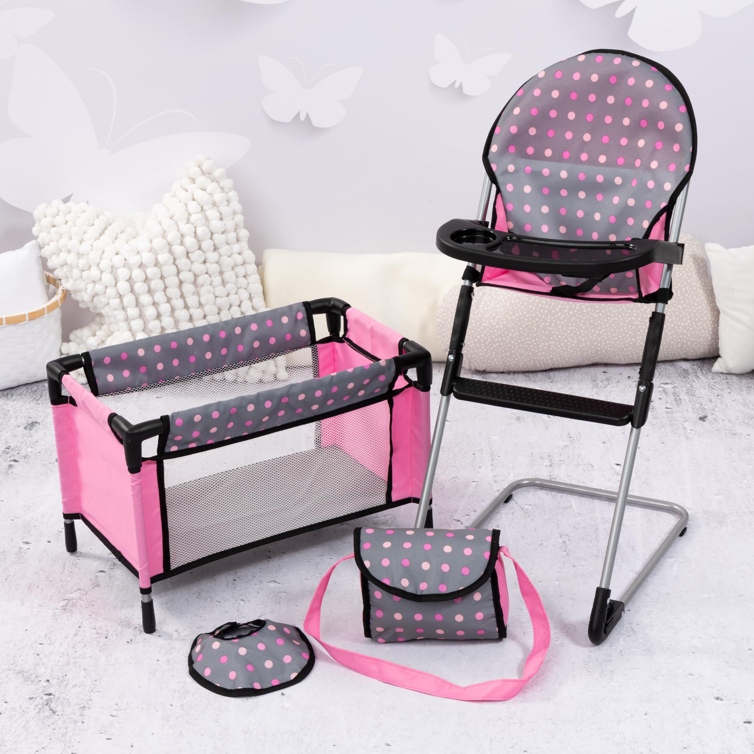 Foto 5 | Juego De Trona Y Cuna Para Muñecas Bayer, Gris Y Rosa Con Puntos Para Muñecas De 18 Años - Venta Internacional.