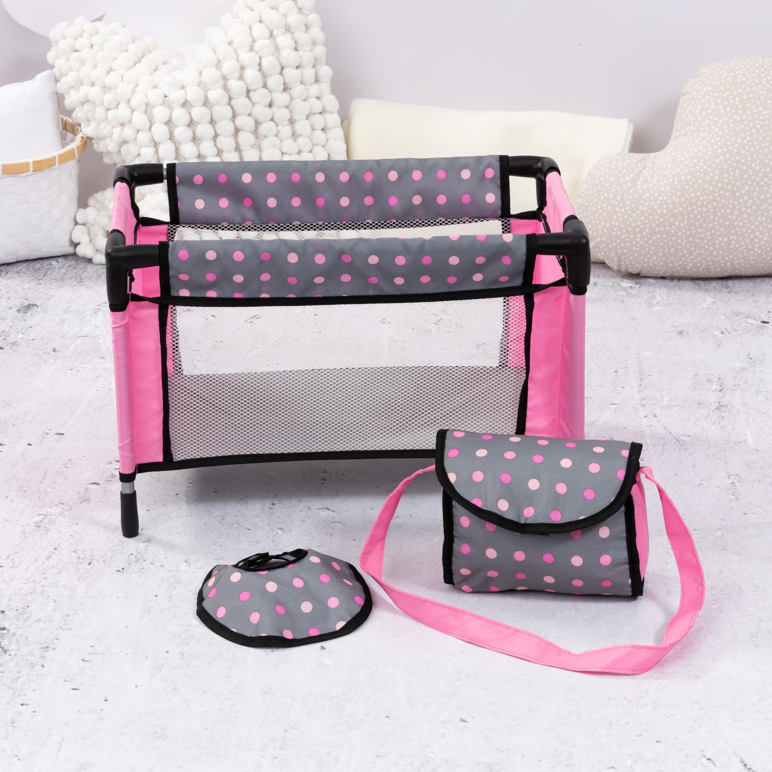 Foto 6 | Juego De Trona Y Cuna Para Muñecas Bayer, Gris Y Rosa Con Puntos Para Muñecas De 18 Años - Venta Internacional.
