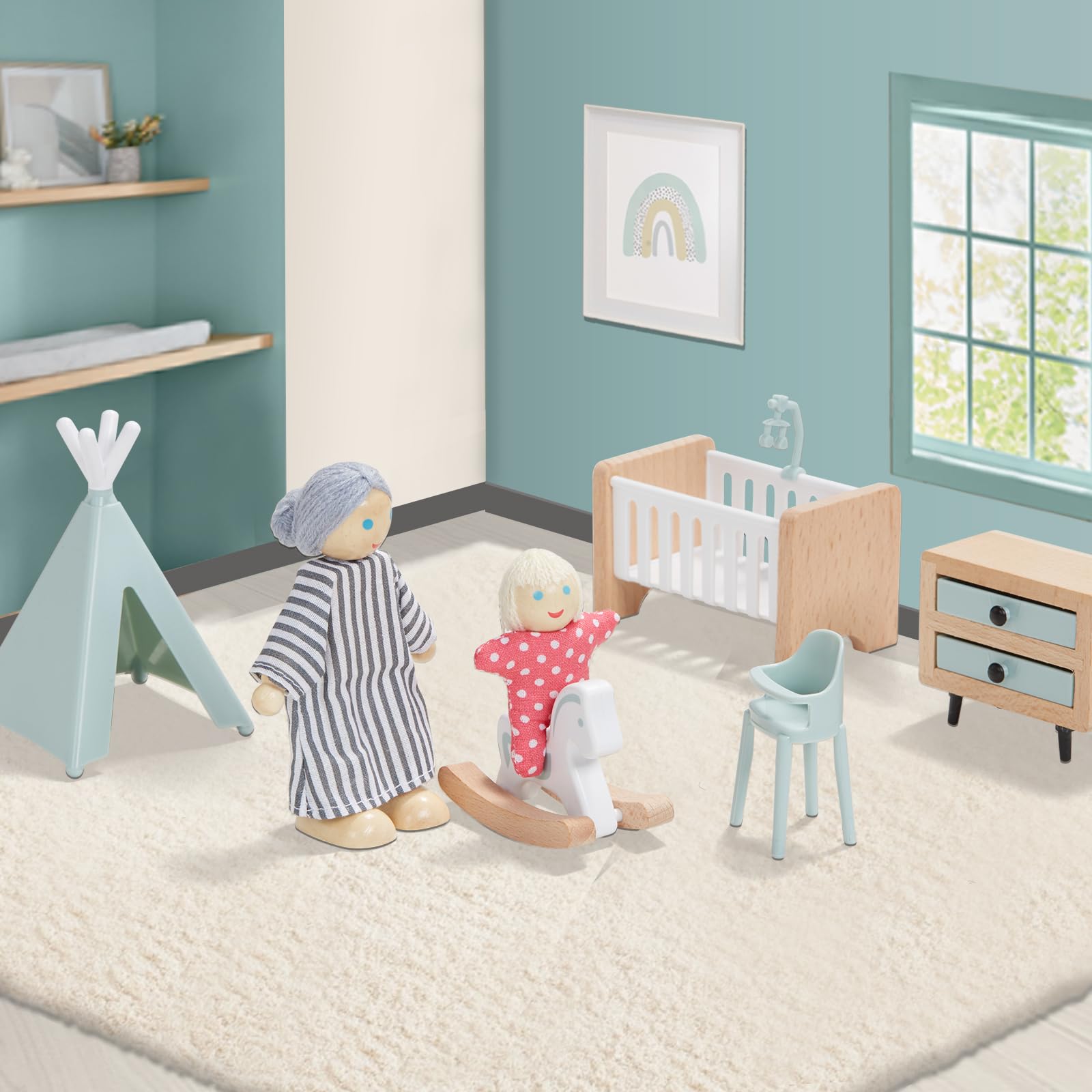 Foto 5 pulgar | Juego De Muebles De Madera Para Casa De Muñecas Con Forma De Frijol Gigante Con 4 Muñecas Familiares - Venta Intern