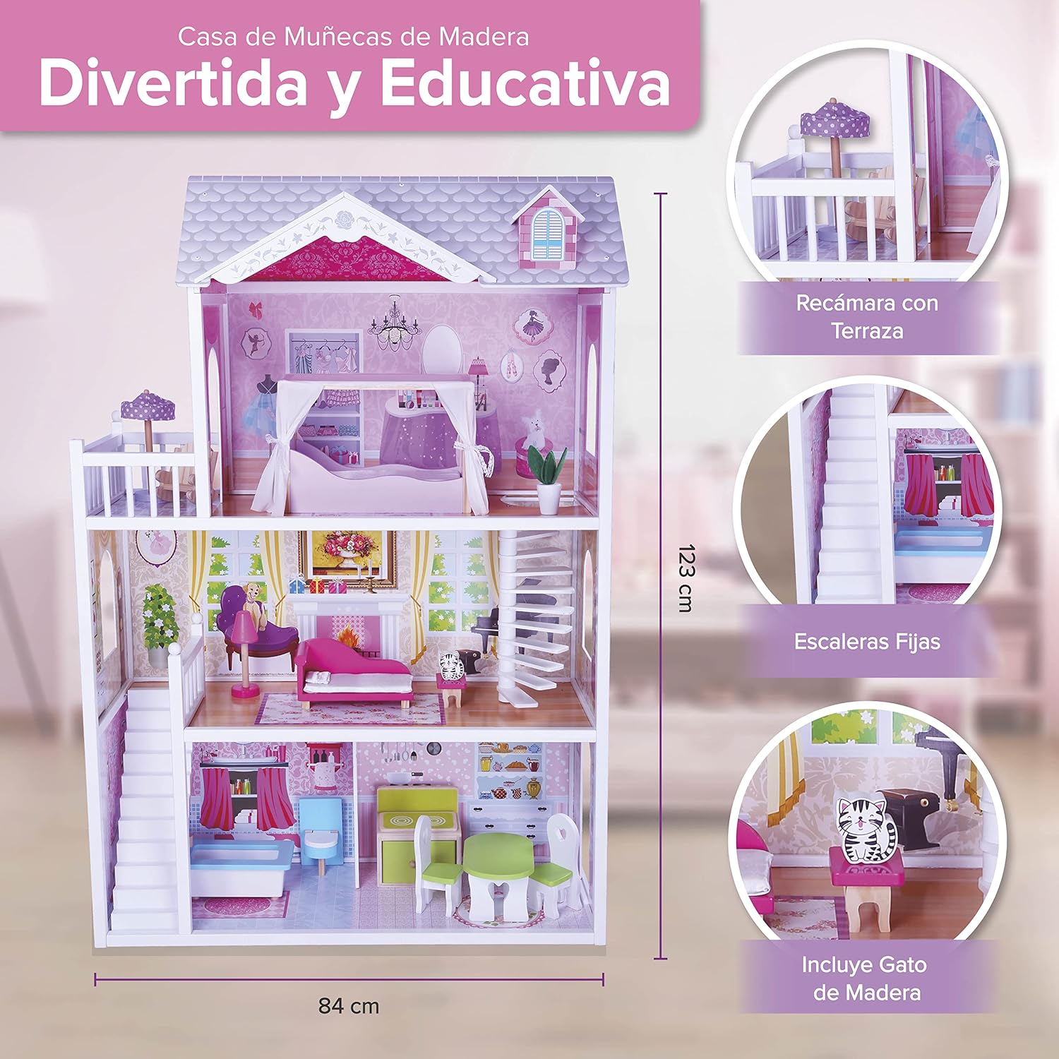 Foto 4 pulgar | Casa De Muñecas para Niña Kids House color Rosa Casita de Madera Aria