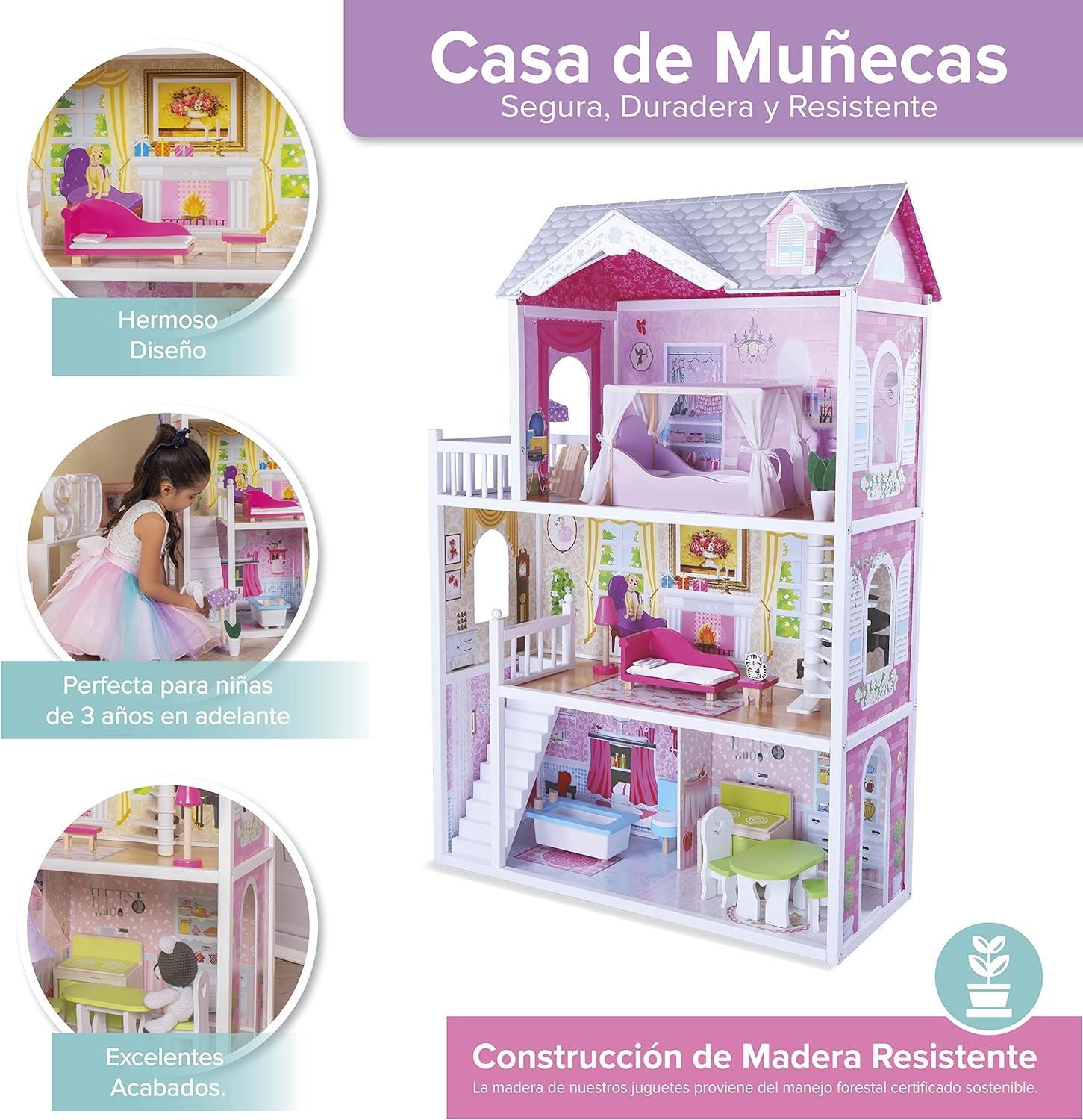 Foto 5 pulgar | Casa De Muñecas para Niña Kids House color Rosa Casita de Madera Aria