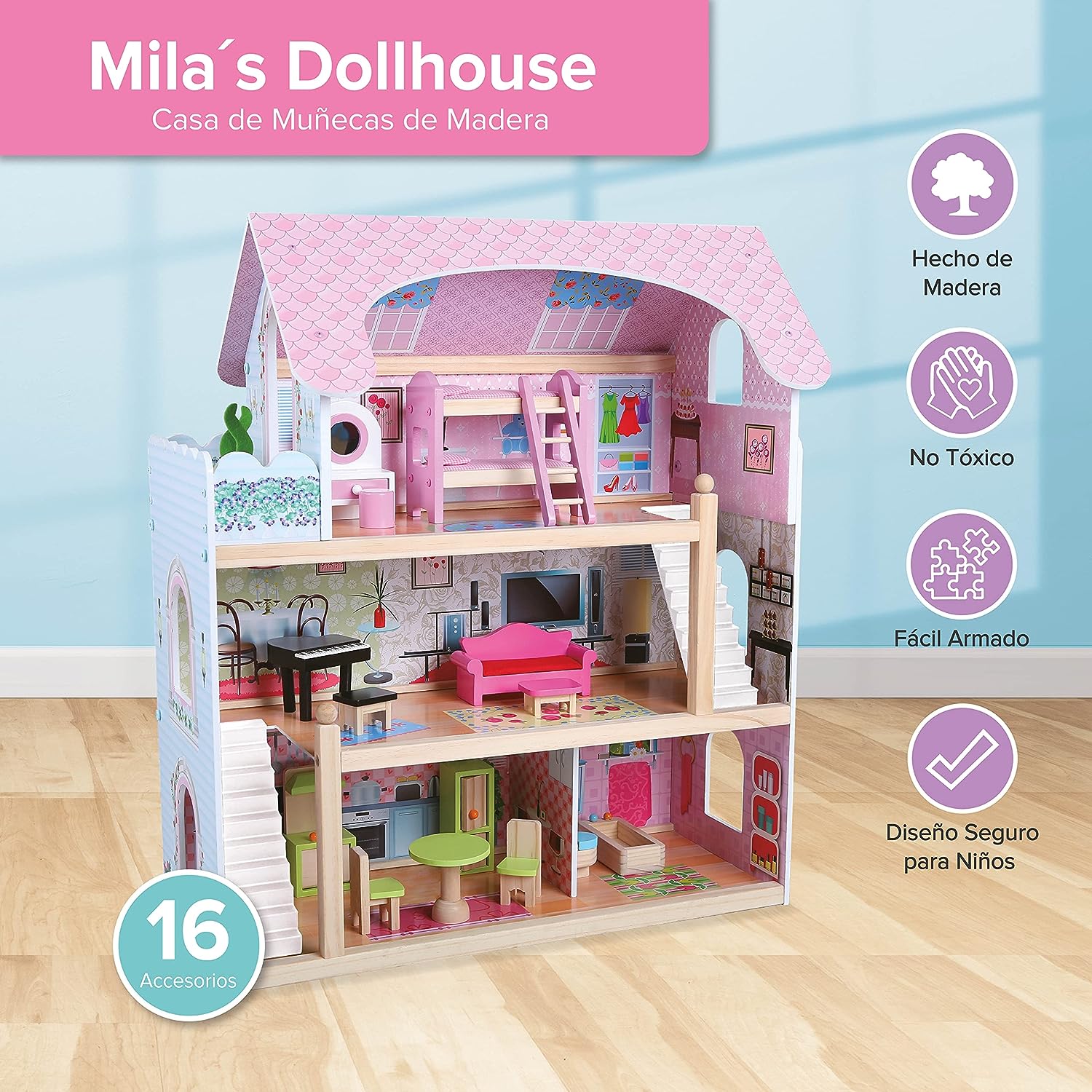 Foto 3 pulgar | Casa de Muñecas con Muebles Casita para Niñas color Rosa