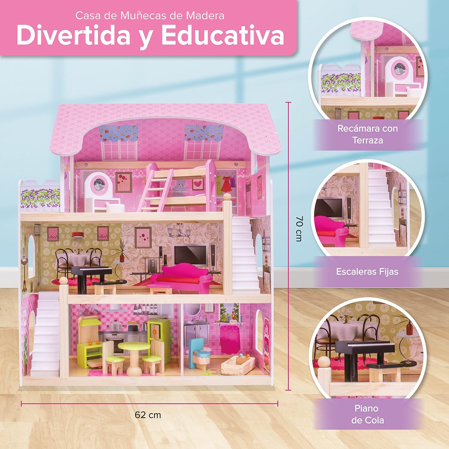 Foto 4 pulgar | Casa de Muñecas con Muebles Casita para Niñas color Rosa