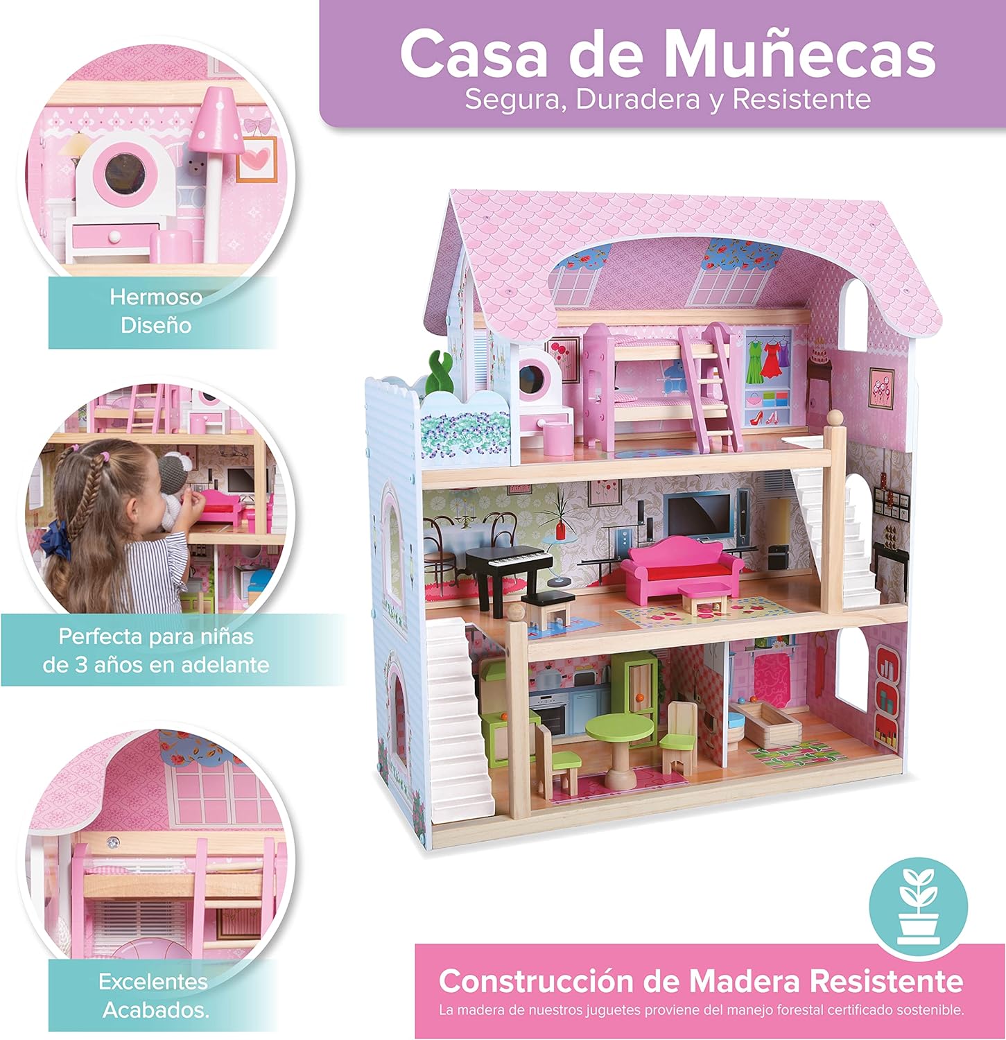 Foto 5 pulgar | Casa de Muñecas con Muebles Casita para Niñas color Rosa