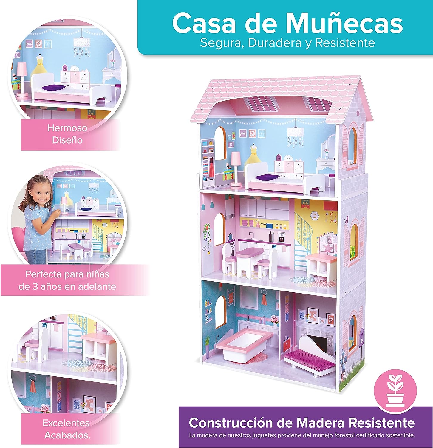 Foto 5 pulgar | Casa de Muñecas de Madera para Niñas Scarlett Kids House color Rosa