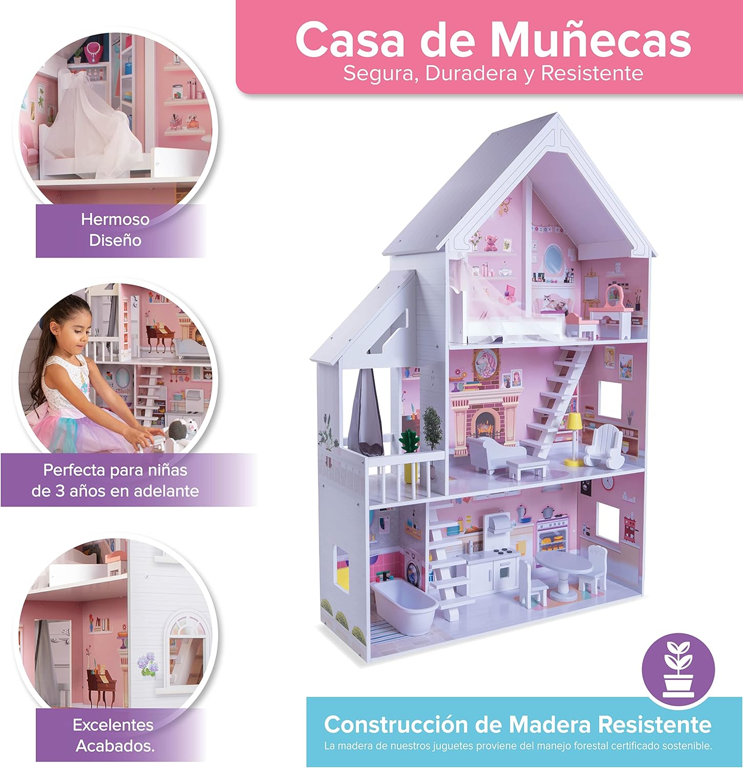 Foto 5 pulgar | Casa de Muñecas de Madera con Muebles color Blanco