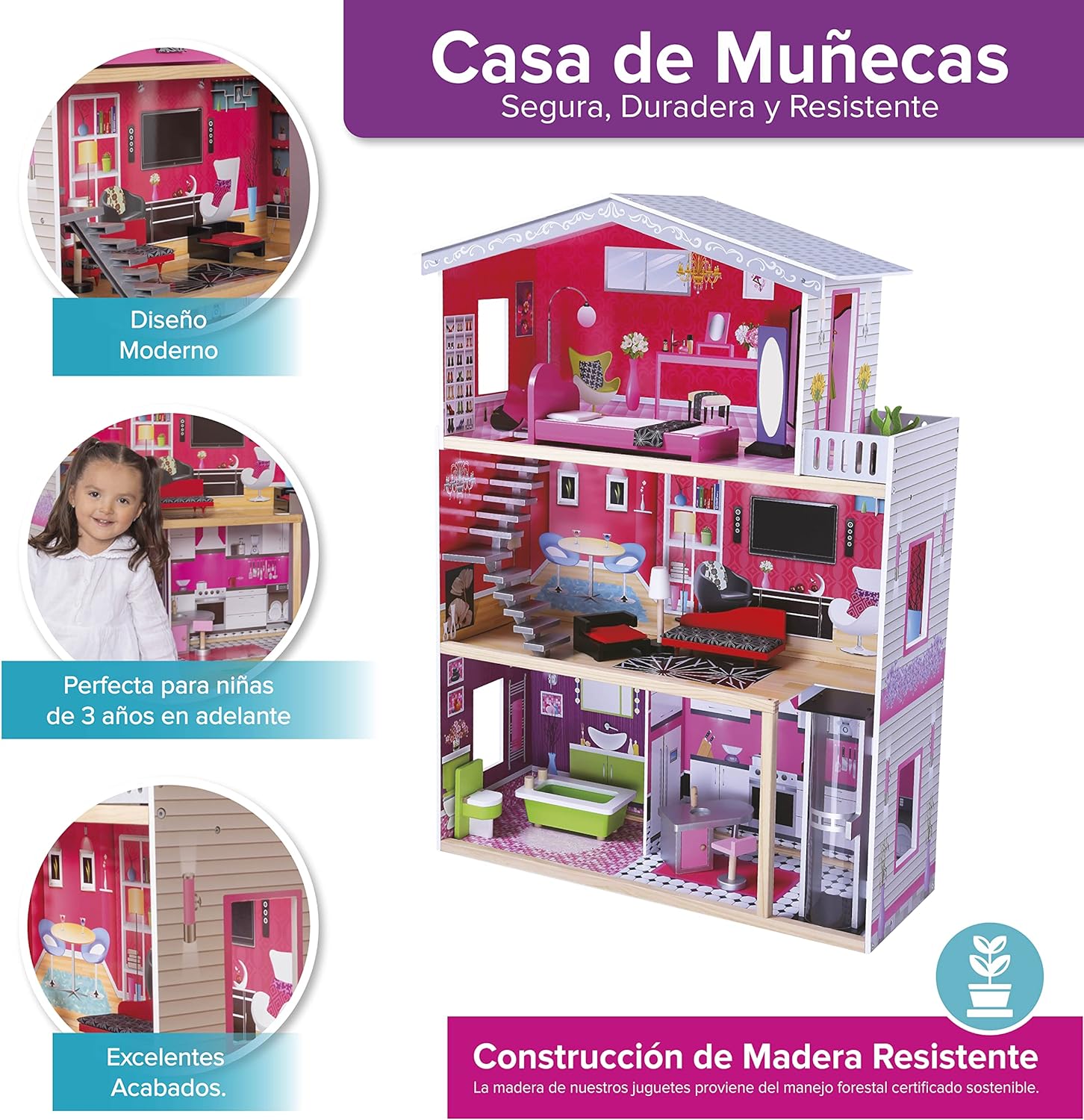 Foto 5 pulgar | Casa de Muñecas de Madera Kids House Isabella color Rosa