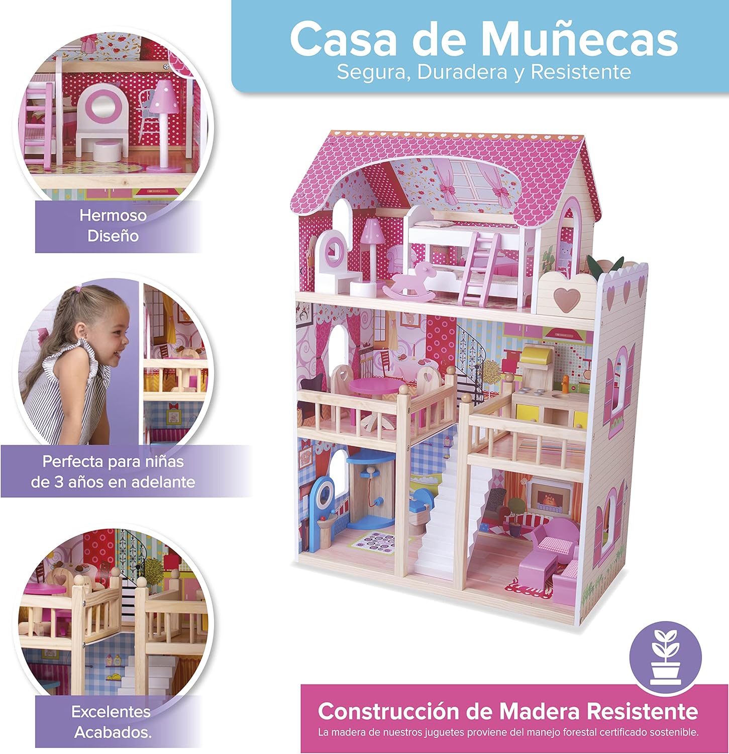 Foto 4 pulgar | Casa de Muñecas con Muebles Kids House color RosaCasita para Niñas Emily