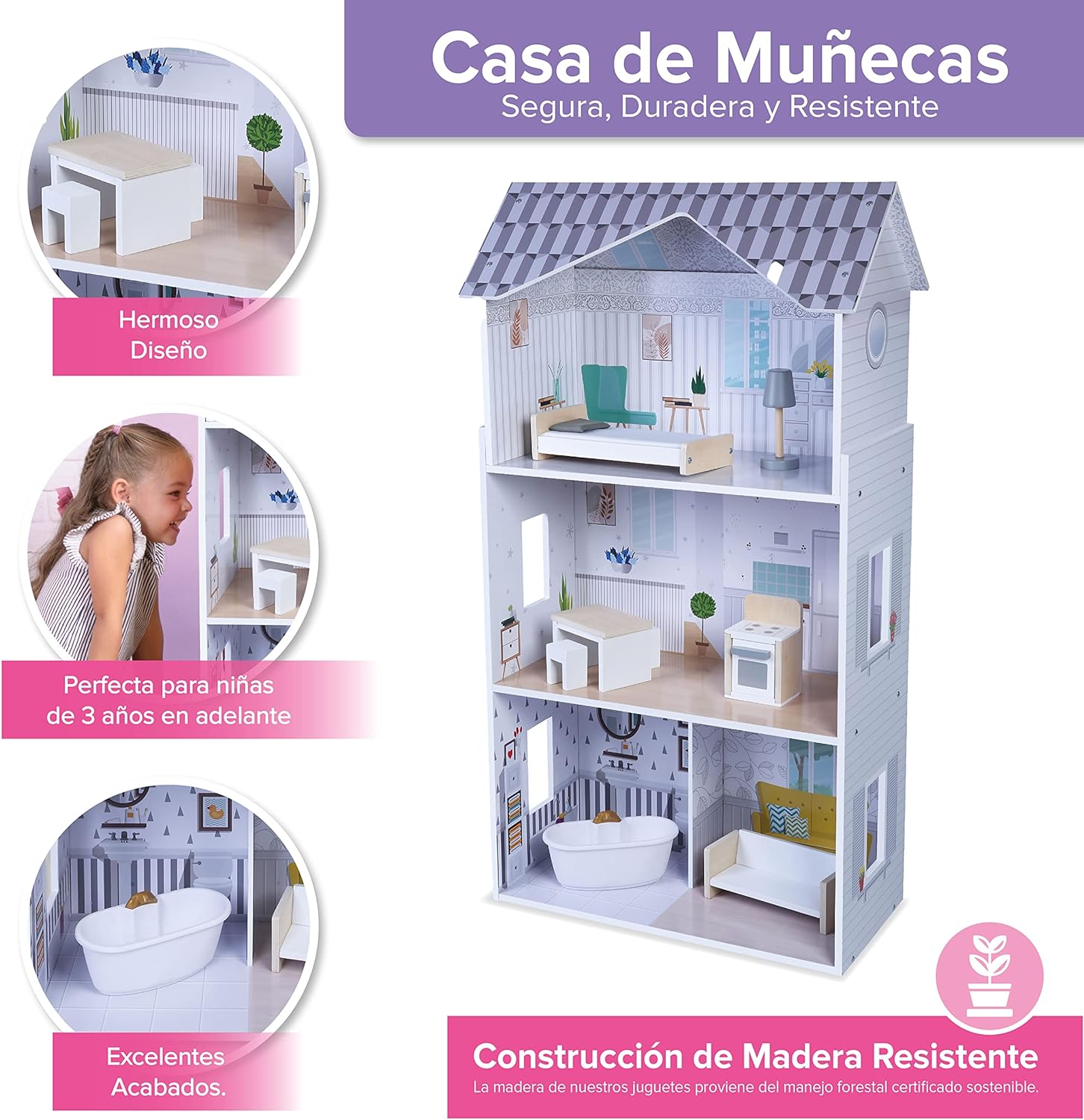 Foto 5 pulgar | Casa de Muñecas de Madera con Muebles Casita para Niñas Emma