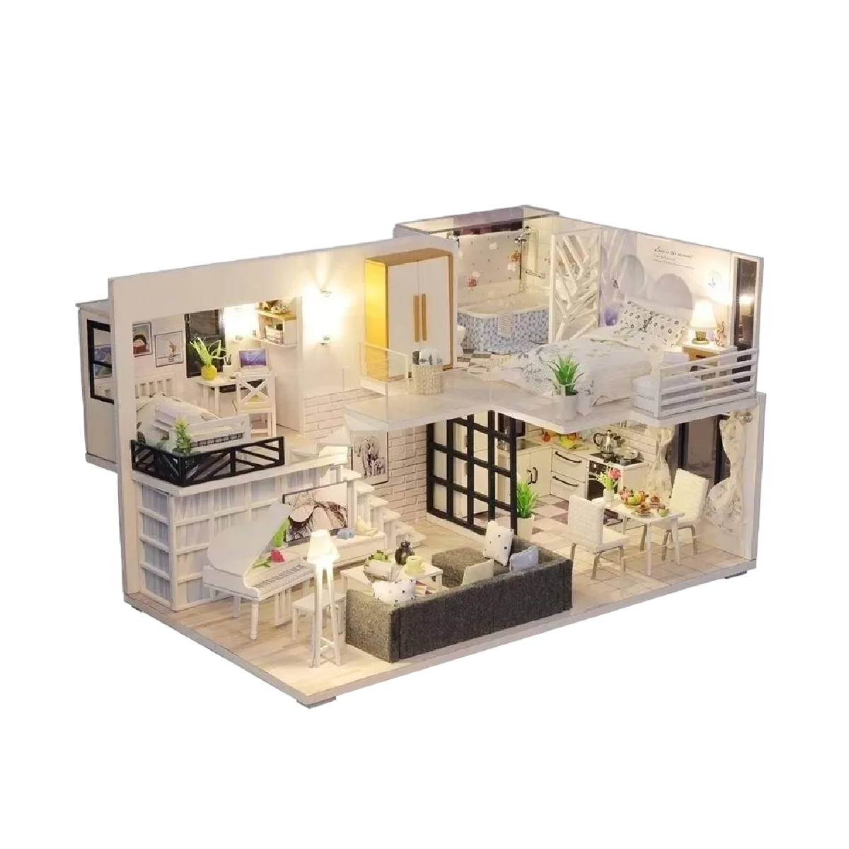 Casita De Muñeca Madera Miniatura Con Muebles Música Led Cafe